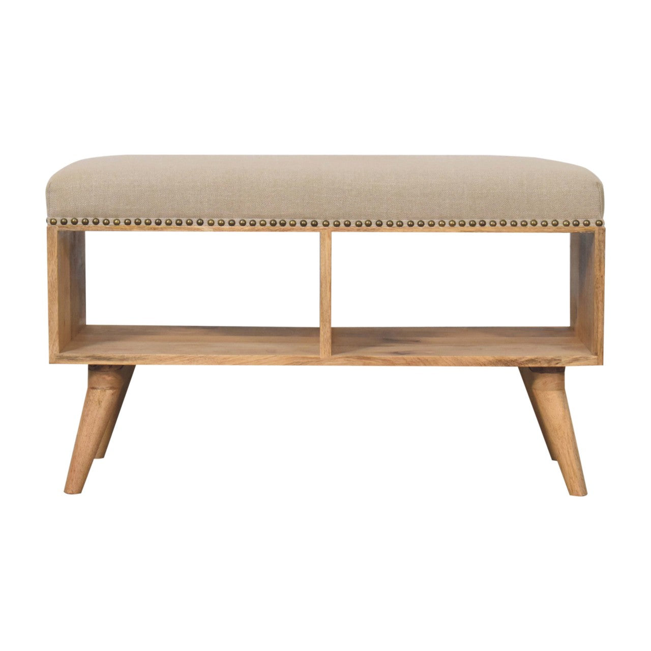 Solid Wood Studded Upholstered Linen Open Bench, 2 Open Shelves, Cream And Beige