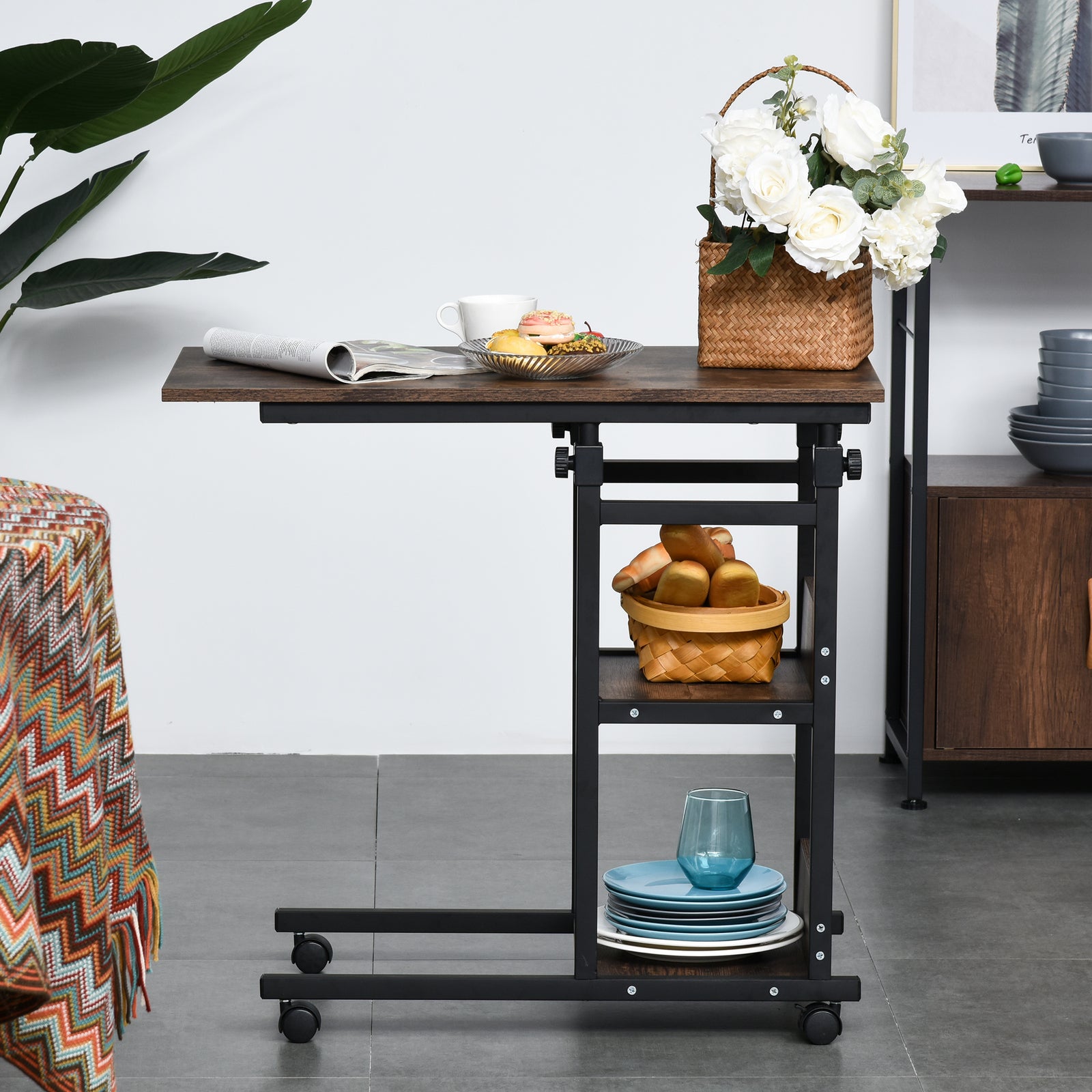 C-shaped Mobile Table, Adjustable Height, 3-tier