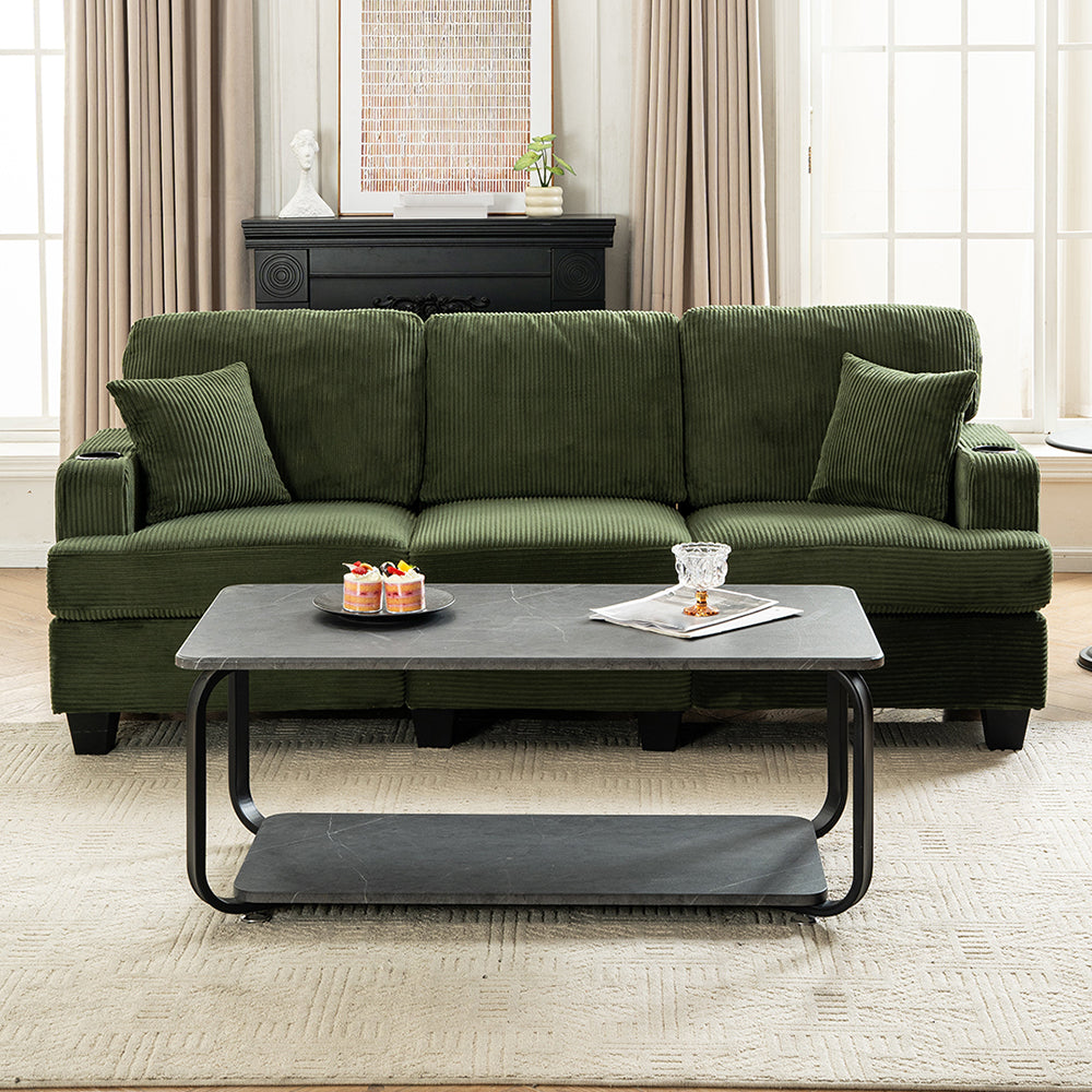 Corduroy 3-seater Couch For Living Room With Cup Holders, Wooden Frame, Soft Cushions, Modern Sofa | Green