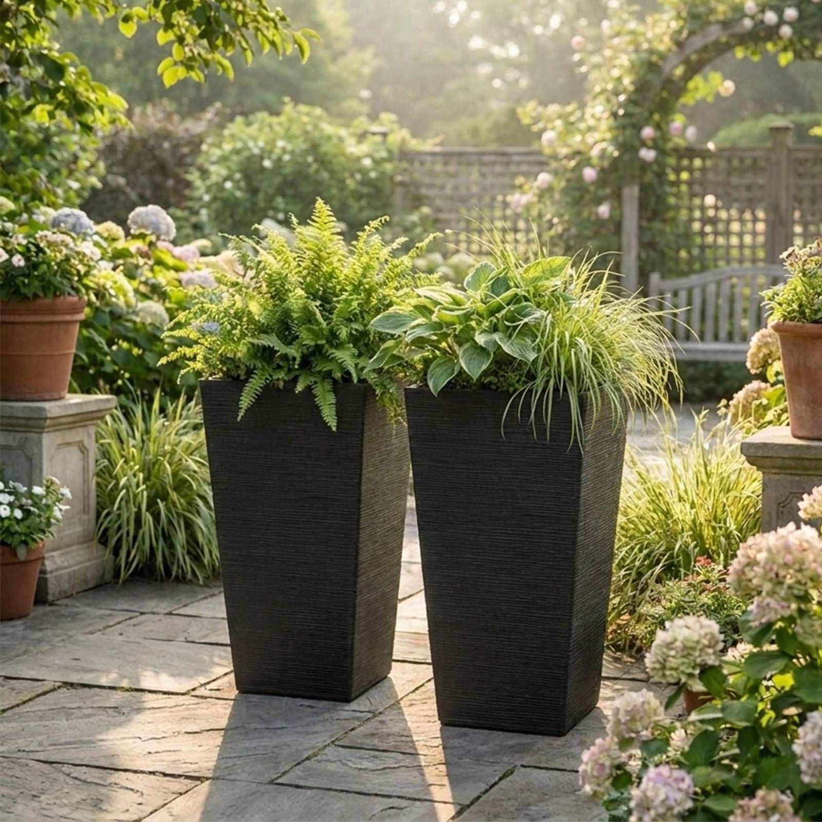 61cm Tall Textured Black Rubber Planters - Indoor Outdoor Planter | Set-of-2