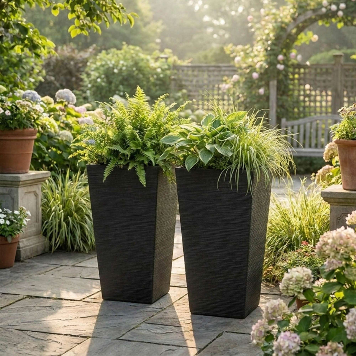 61cm Tall Textured Black Rubber Planters - Indoor Outdoor Planter | Set of 2
