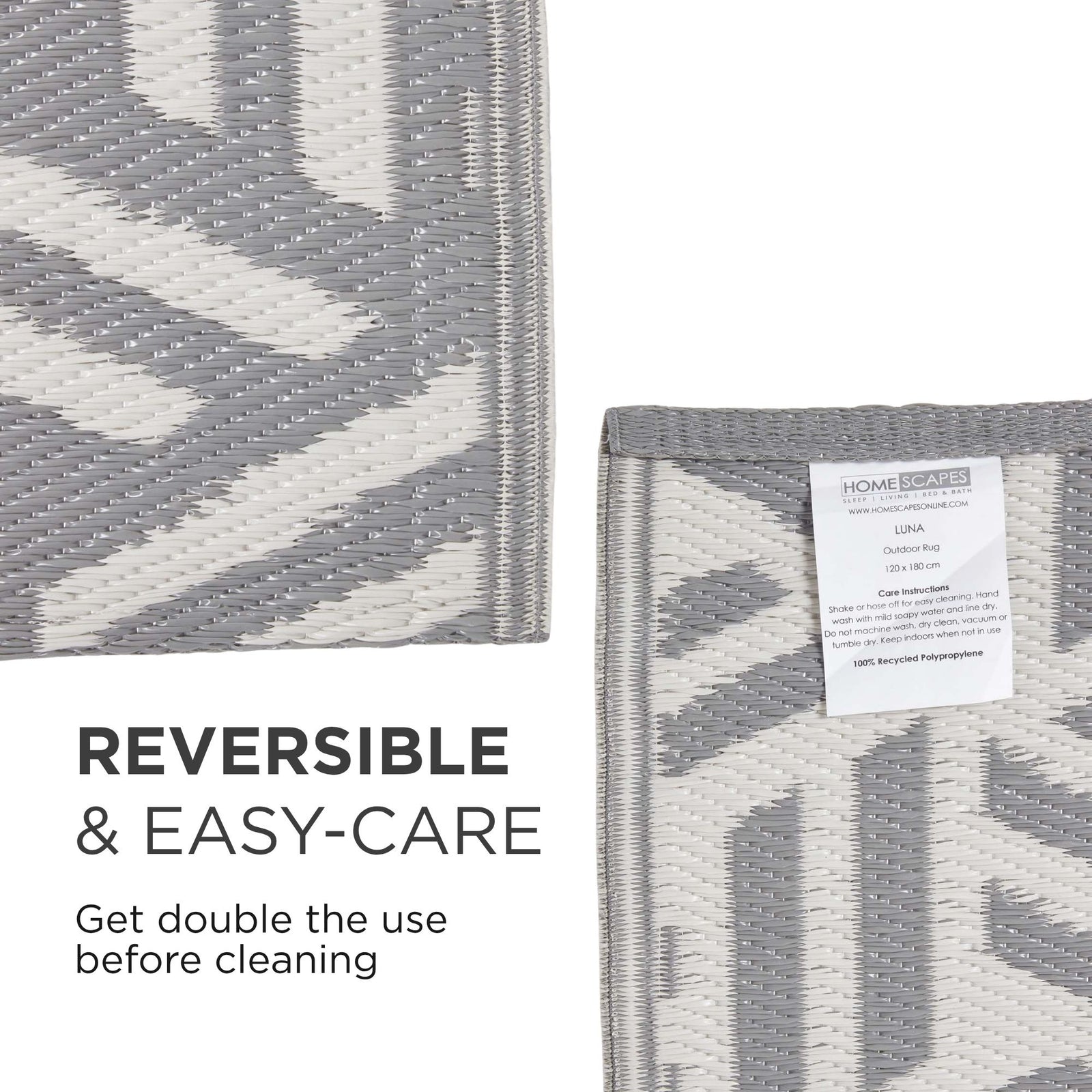 Luxury Outdoor Rug Waterproof Reversible For Garden Patio 100% Recycled, Grey Luna Geometric | 180cm x 270cm | Grey