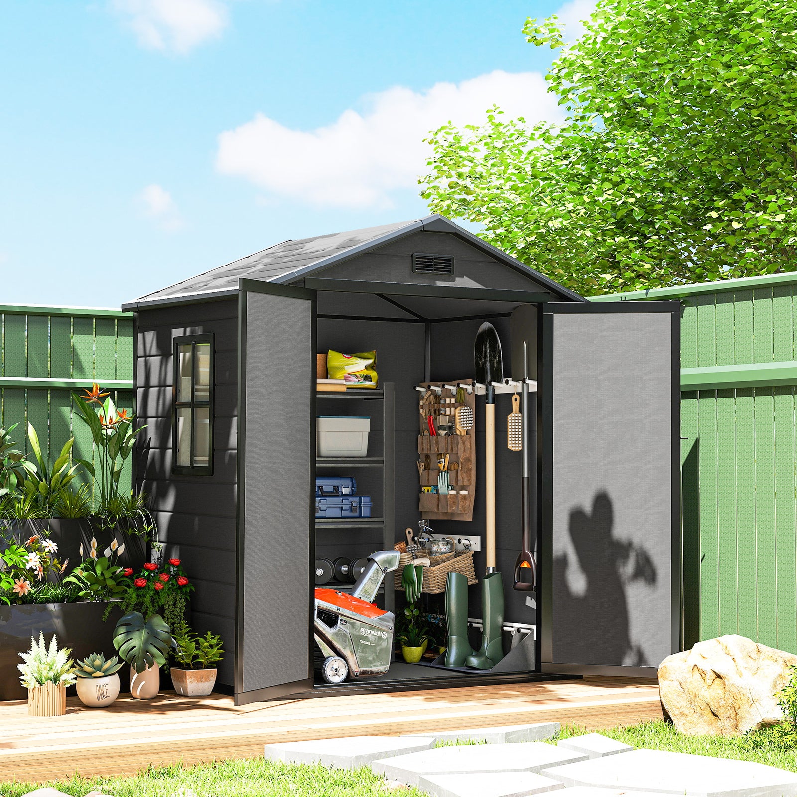 Garden Shed 6'x4.5' Plastic Tool Storage House W/ Lockable Double Doors | Dark Grey