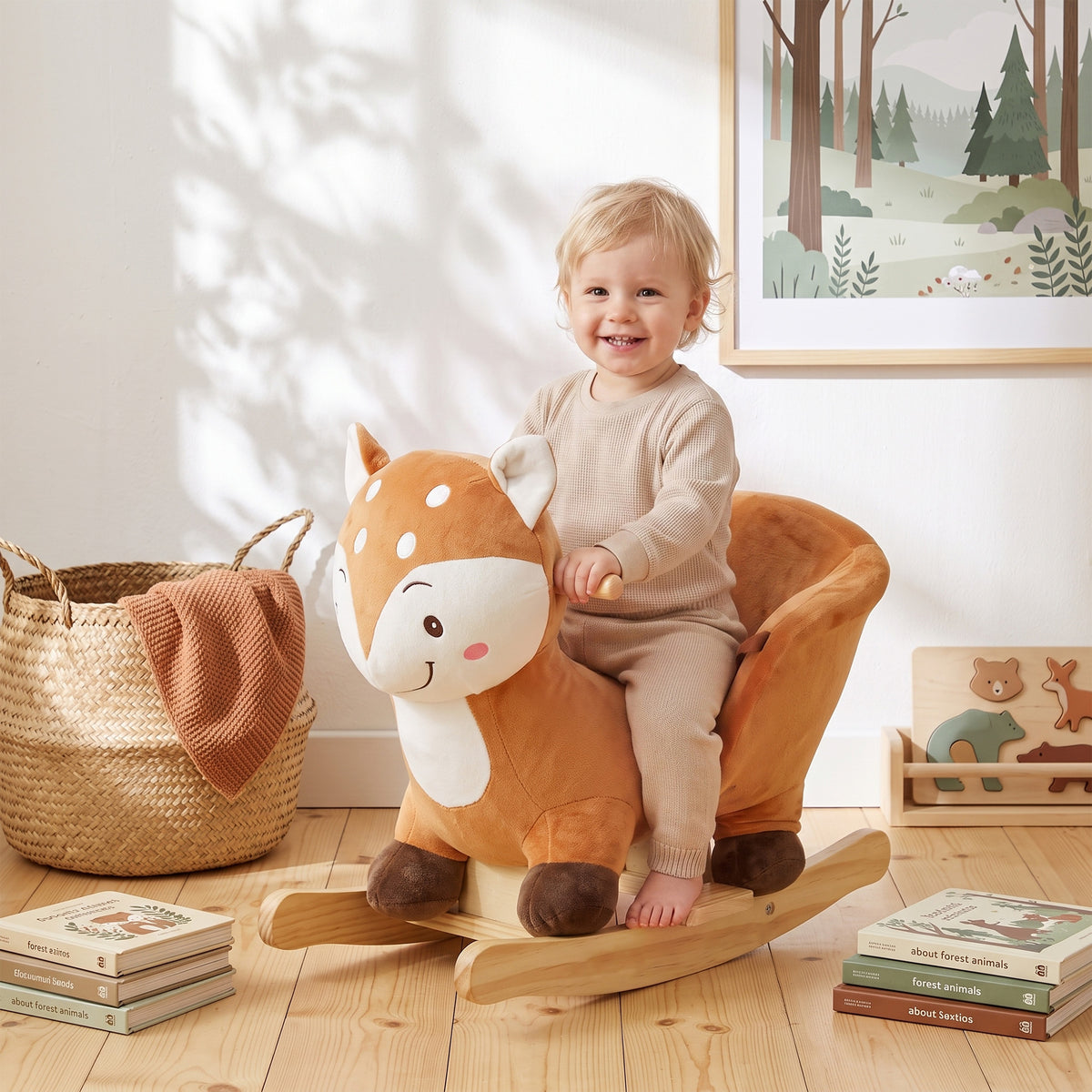 AIYAPLAY Rocking Horse, Ride On Horse Deer Design With Animal Sounds, Brown