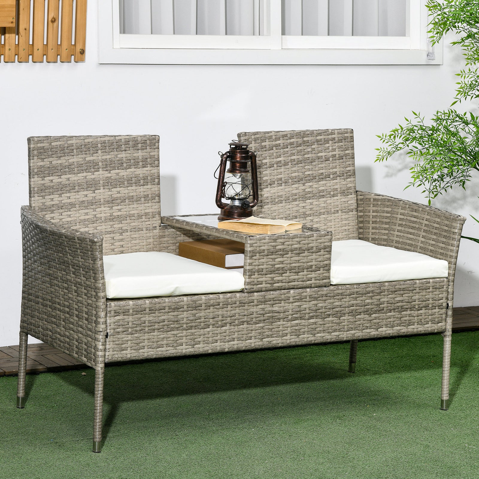 Rattan Garden Bench W/ Glass Table, Wicker Chair, Cushions | Gray