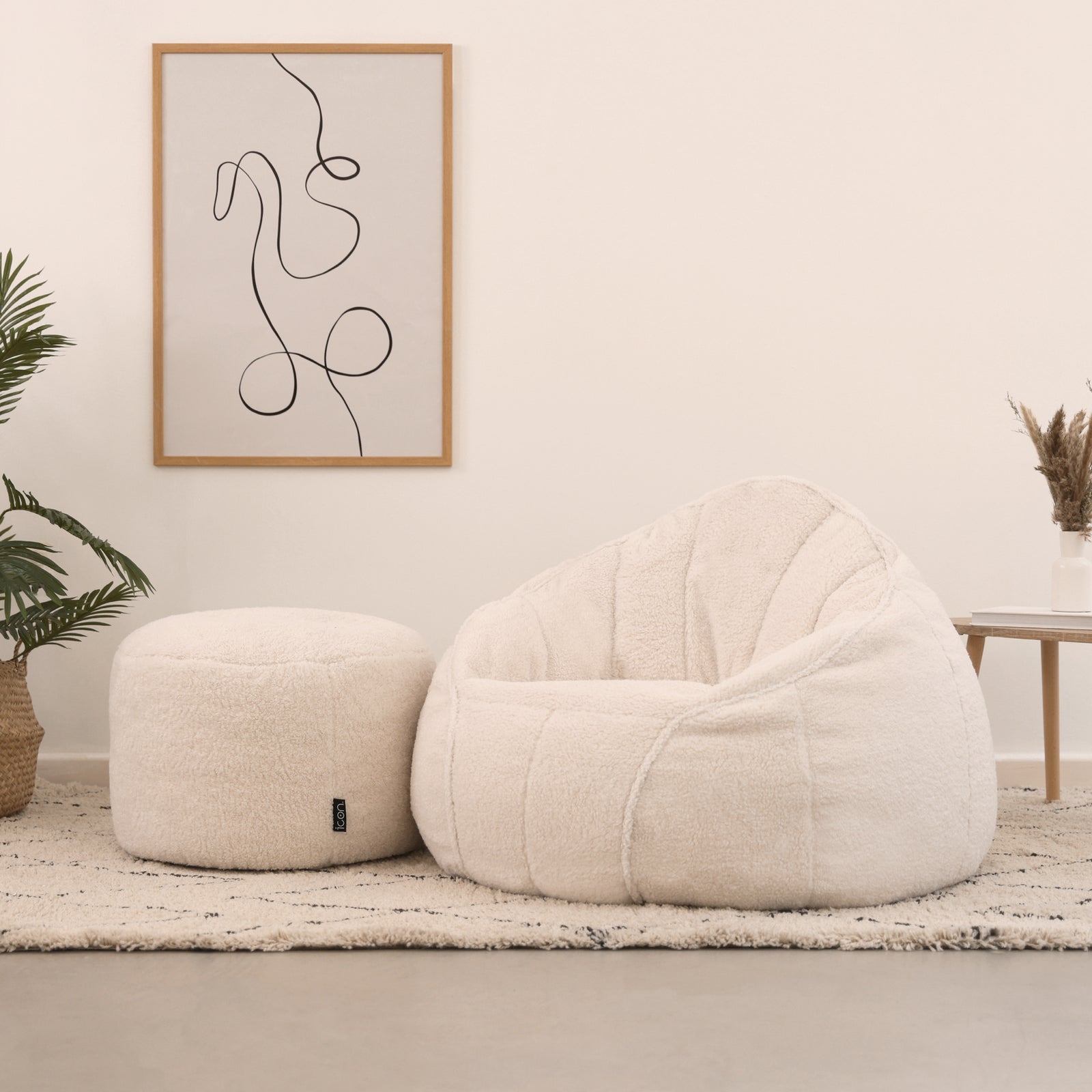 Sherpa Bean Bag Armchair & Pouffe Set | White