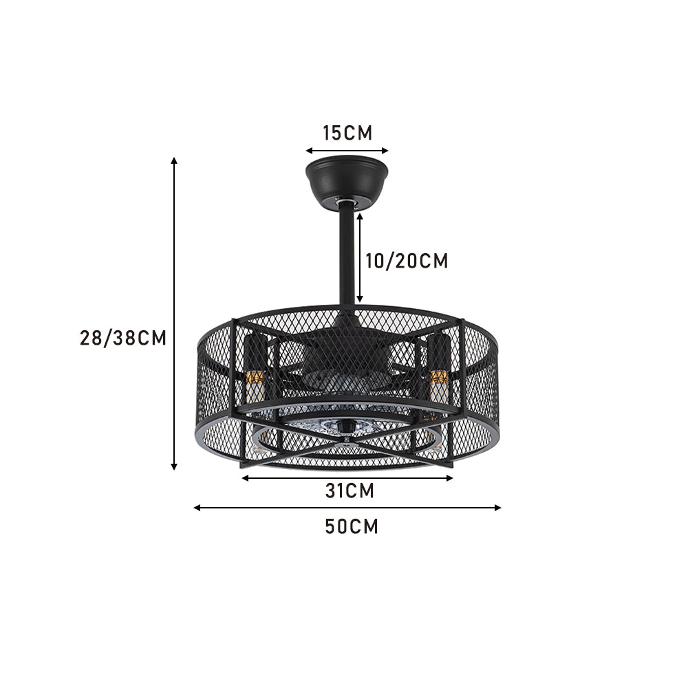 20 Inch Black Industrial Ceiling Fan With 8 Metal Blades & Remote Control 3 Speed Adjustable Modern Fan Light