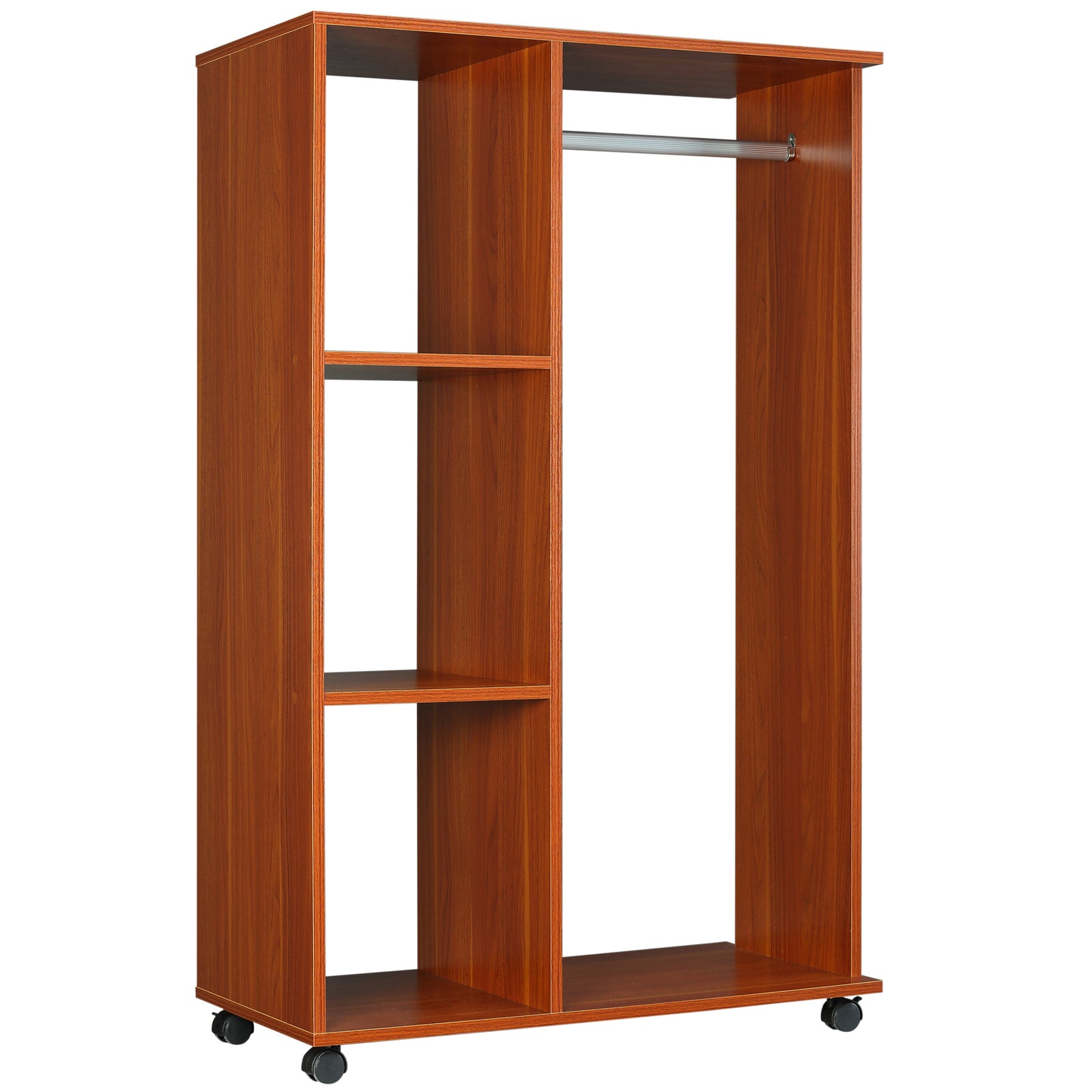 Rolling Open Wardrobe Hanging Rail Storage Shelves Clothes | One Size | Walnut
