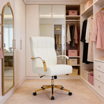 Pu Leather Office Chair With Gold Armrests, Adjustable Height & Tilt, Swivel Base | White