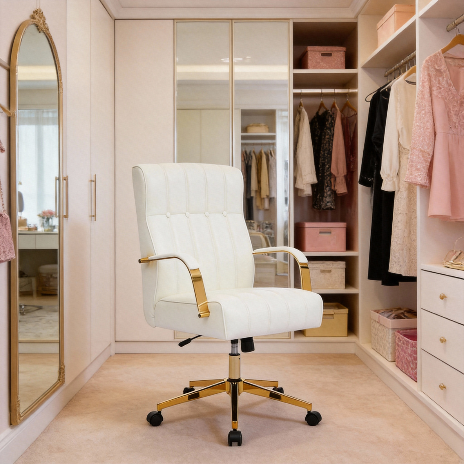 Pu Leather Office Chair With Gold Armrests, Adjustable Height & Tilt, Swivel Base | White