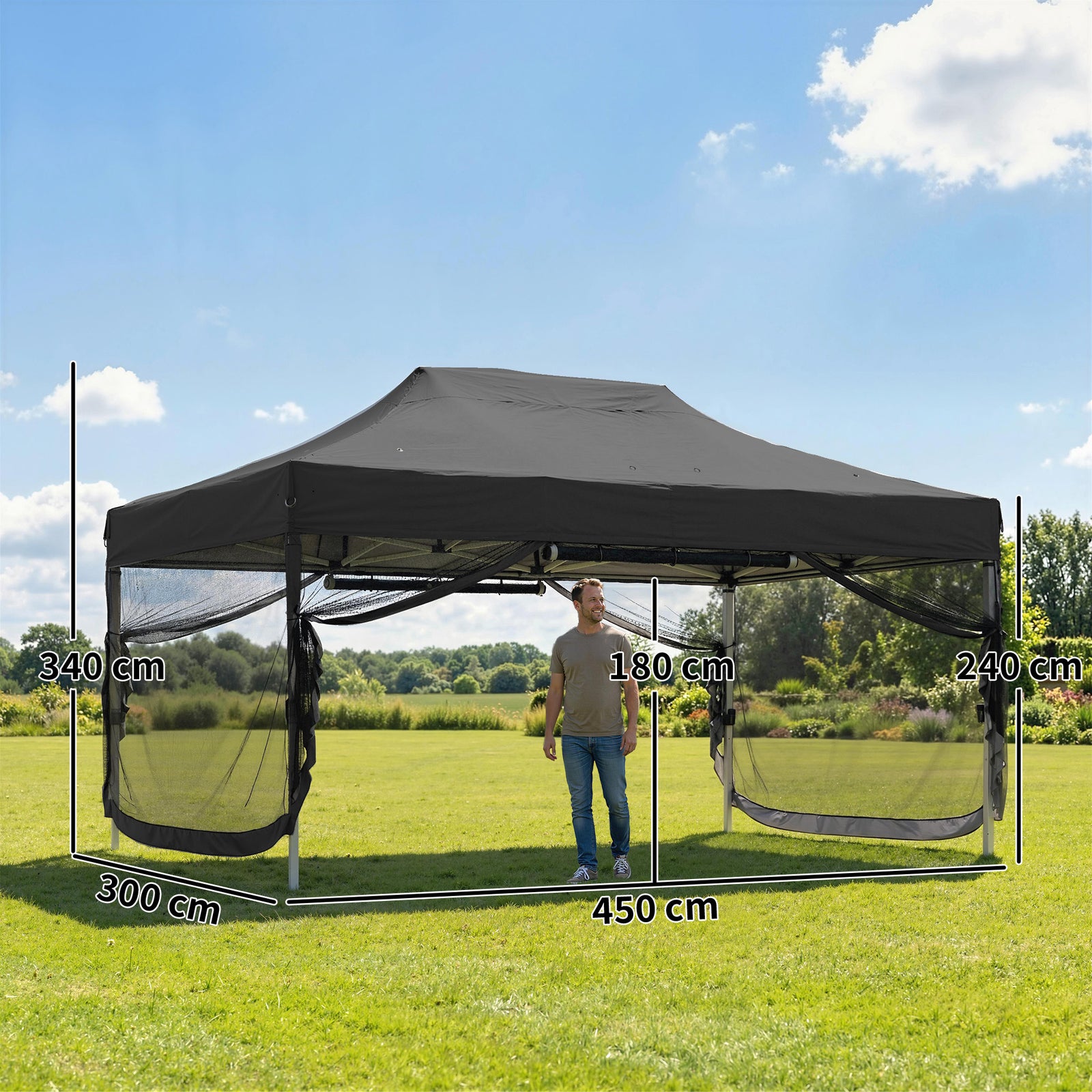 3 X 4.5 M Pop Up Gazebo With Mesh, Heavy Duty Party Tent Marquee | Black