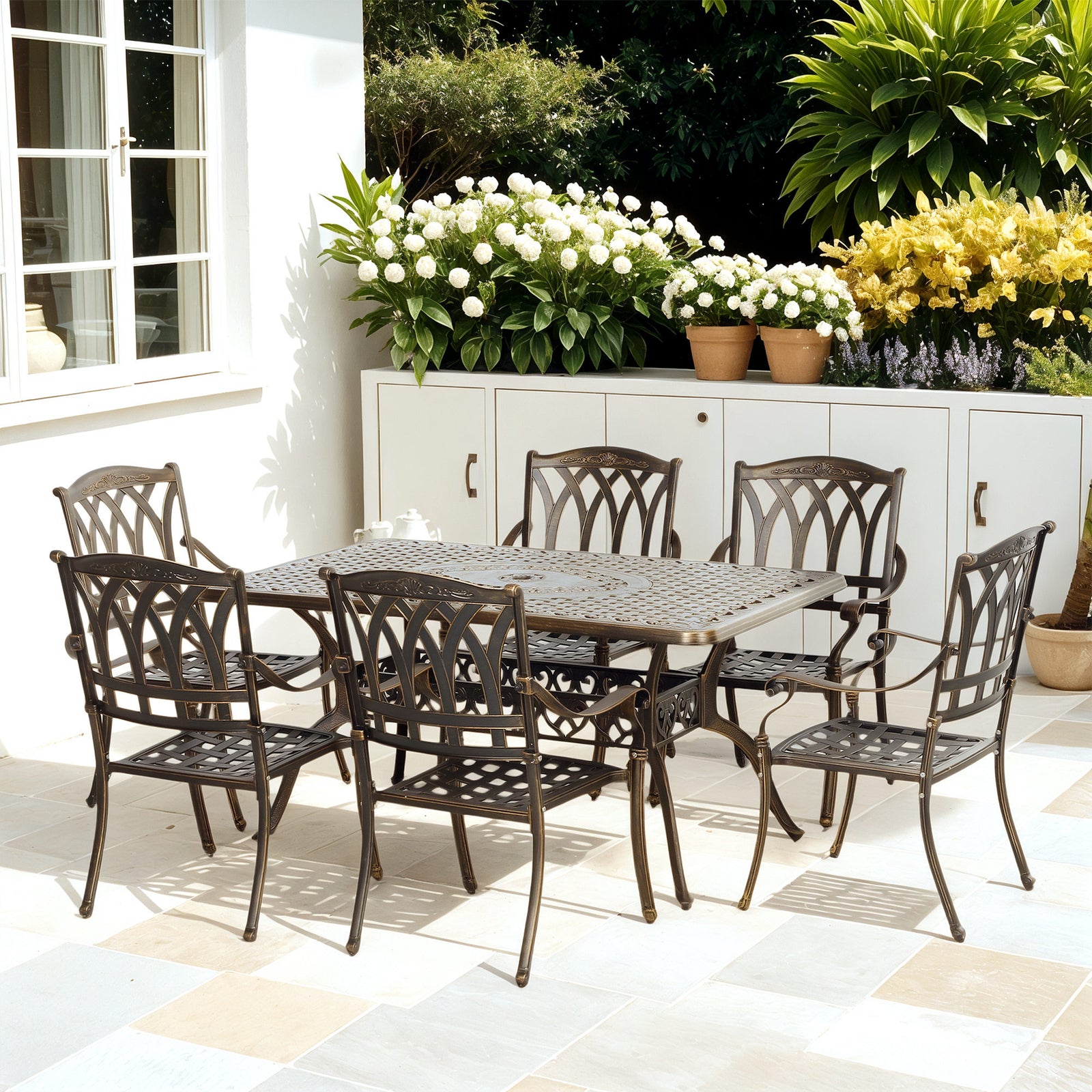 7 Pieces Cast Aluminium Garden Dining Set W/ Parasol Hole