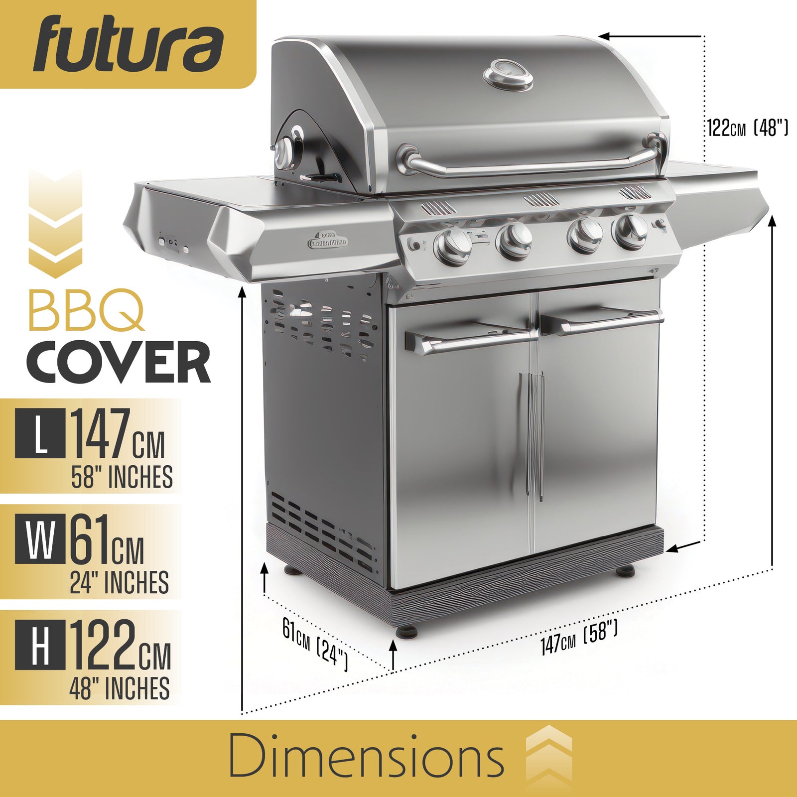 Premium Waterproof Bbq Cover Large Outdoor Barbecue Grills Cover 600d Oxford Fabric Uv Protection, Pvc Lining | 147cm | Black