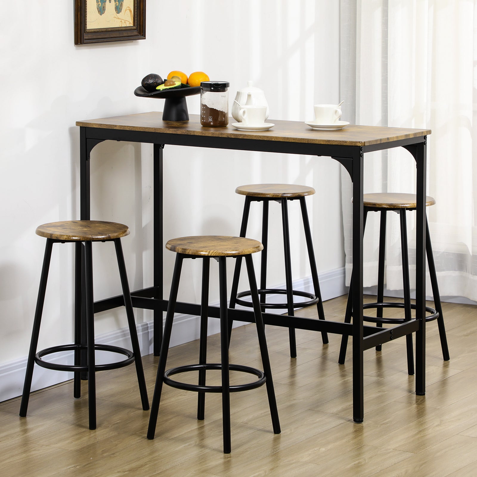 5 Piece Bar Table And Stools Set With Metal Frame | Brown
