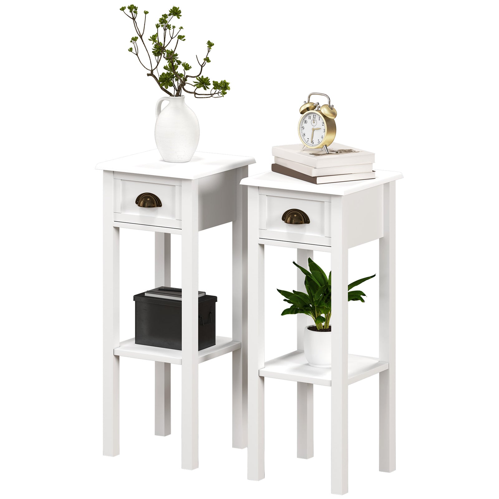 HOMCOM 2-tier Side Tables Set Of 2 With Drawer Shelf For Living Room, White