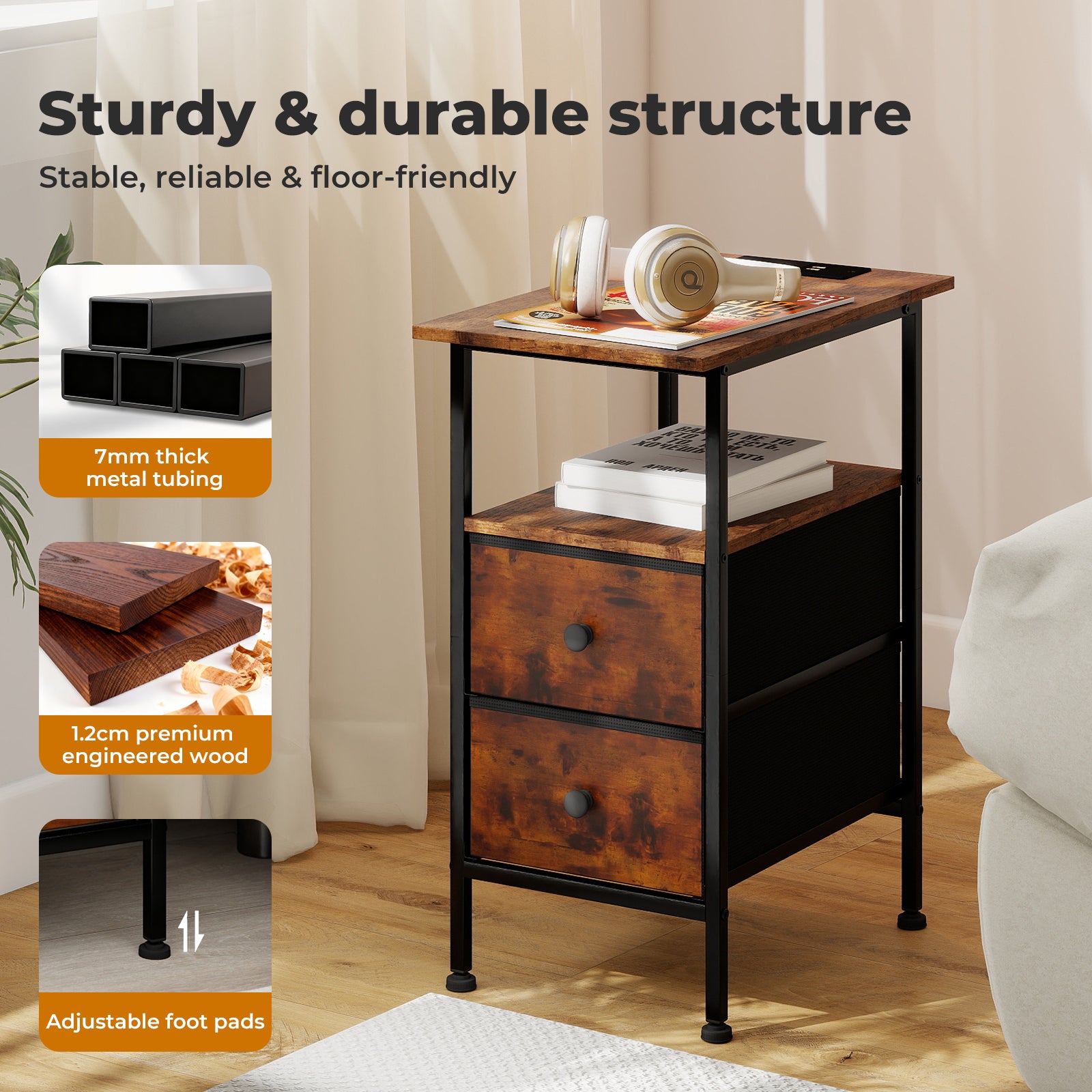 Bedside Table Side Cabinet Storage Nightstand Charging Station 2 Drawers | Brown