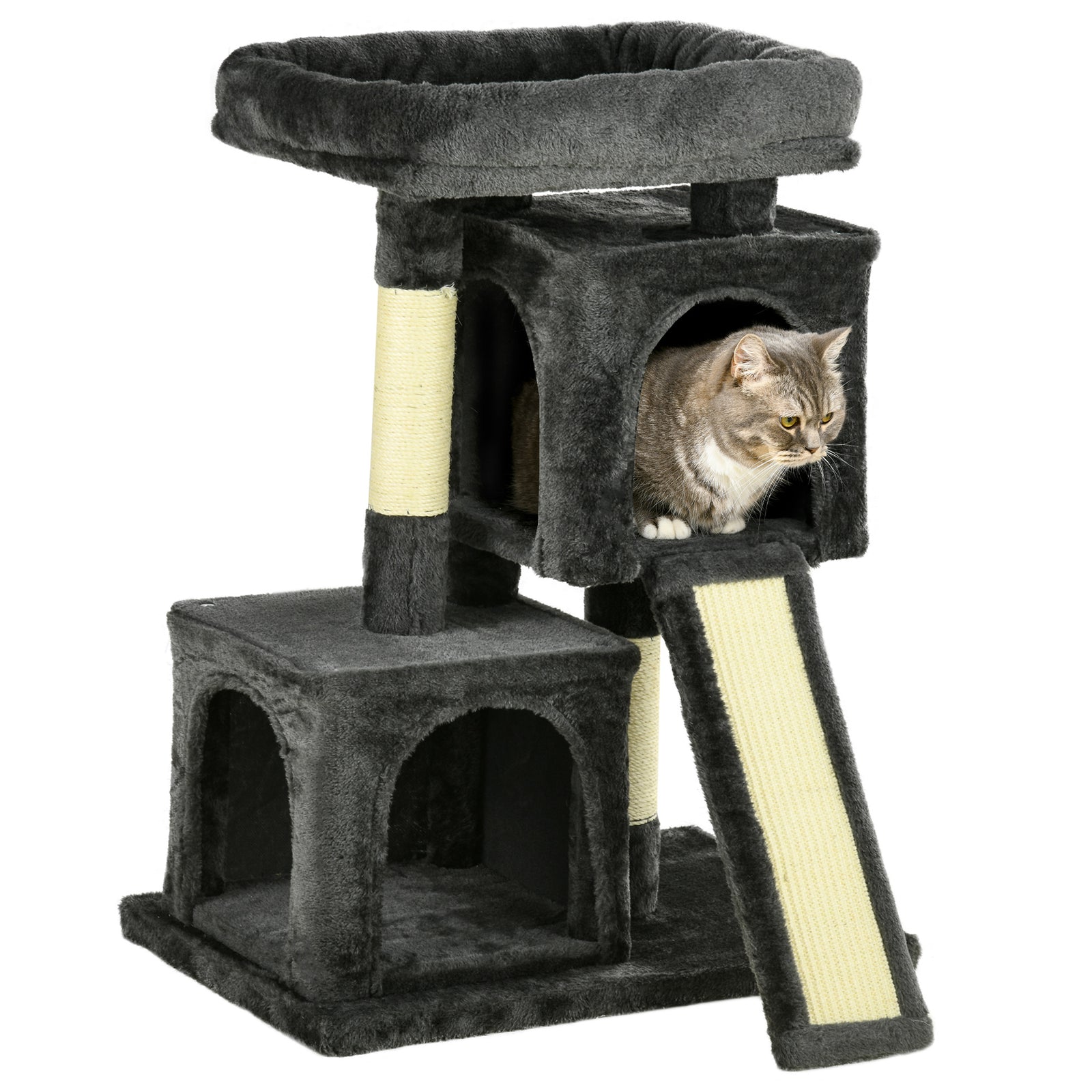 Cat Rest & Play Activity Tree W/ 2 House Perch Scratching Post | Black