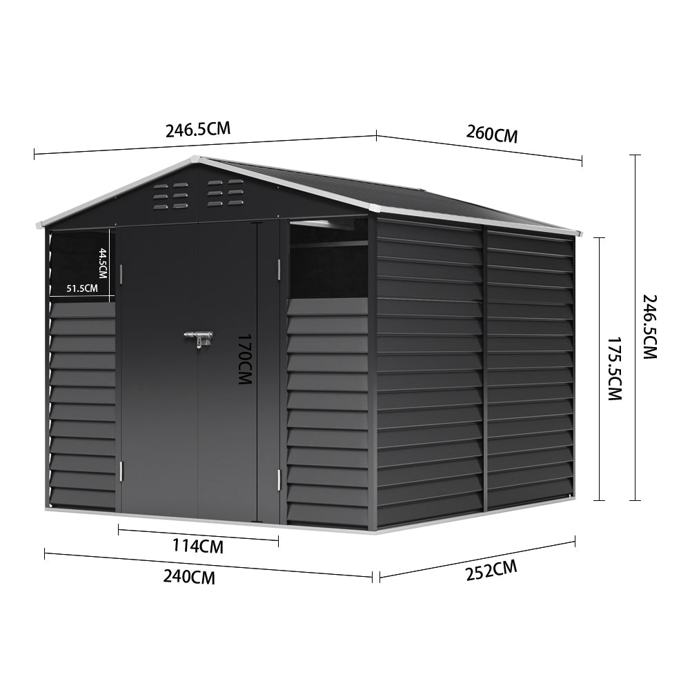 8.08 ft x 8.53 ft Durable Charcoal Steel Garden Tool Shed with Windows, Ventilation, and Shelving – Spacious, Secure Storage for Outdoor Equipment