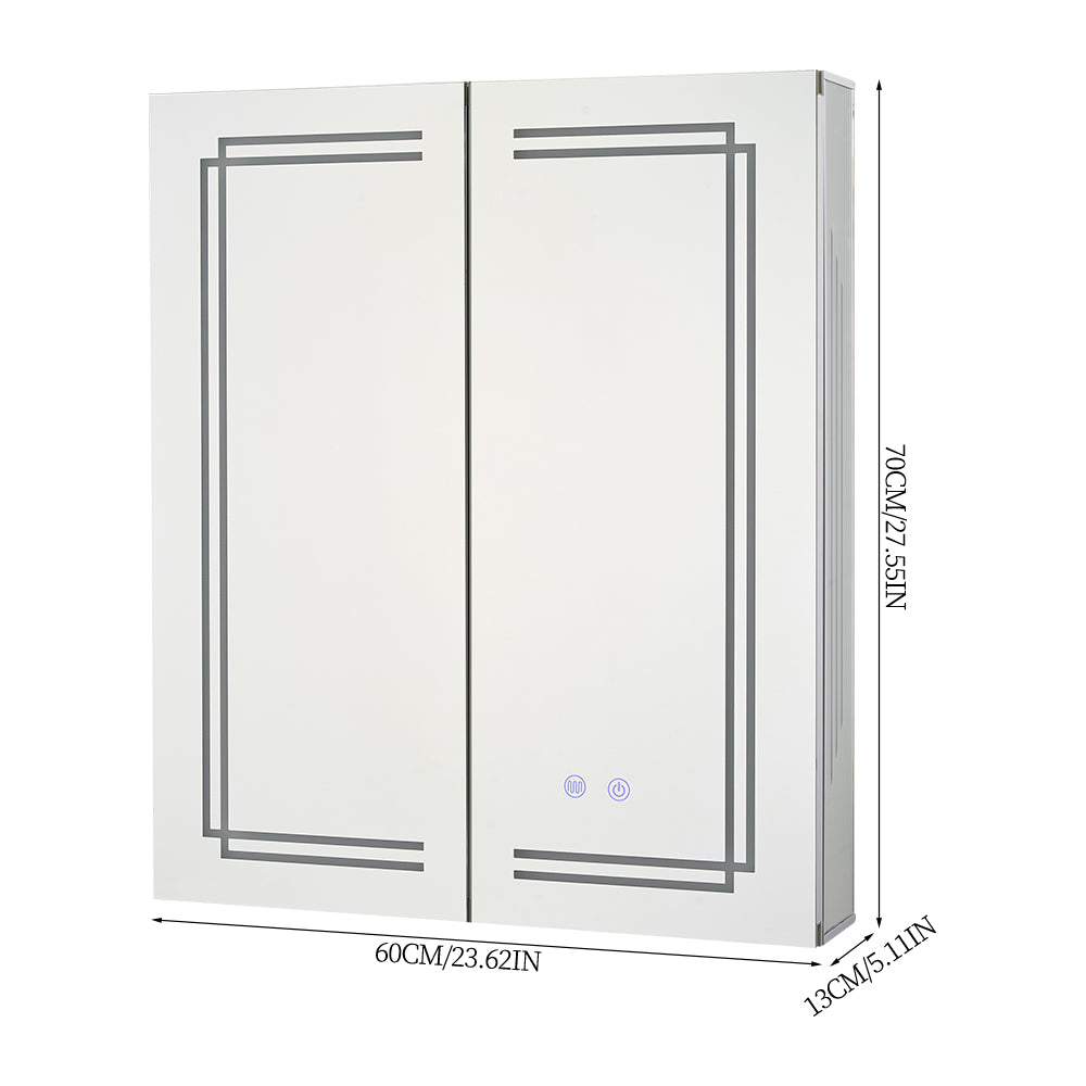60cm X 70cm Rectangular Led Bathroom Mirror Cabinet With Double Doors, Adjustable Shelves