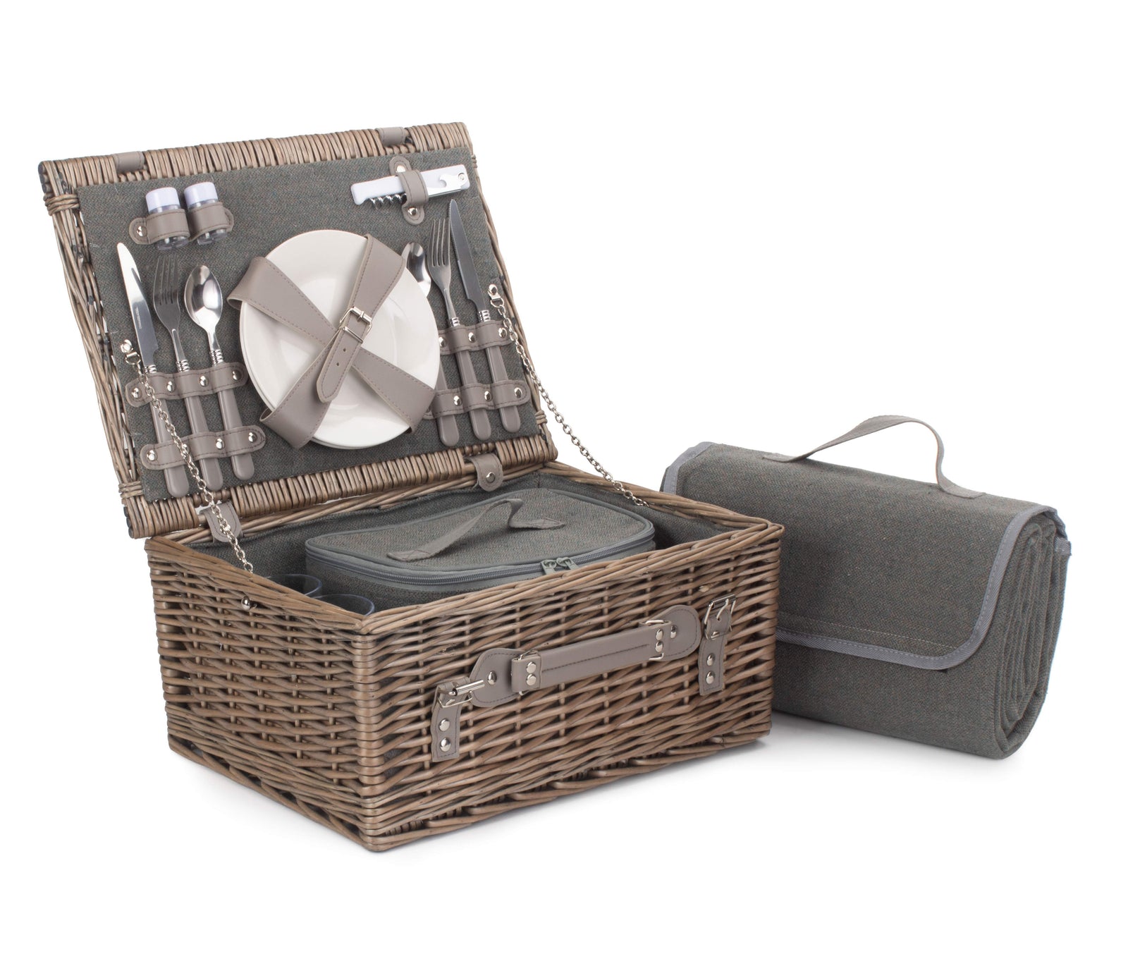 Grey Tweed Fitted Picnic Wicker Basket | 2-Person | Gray