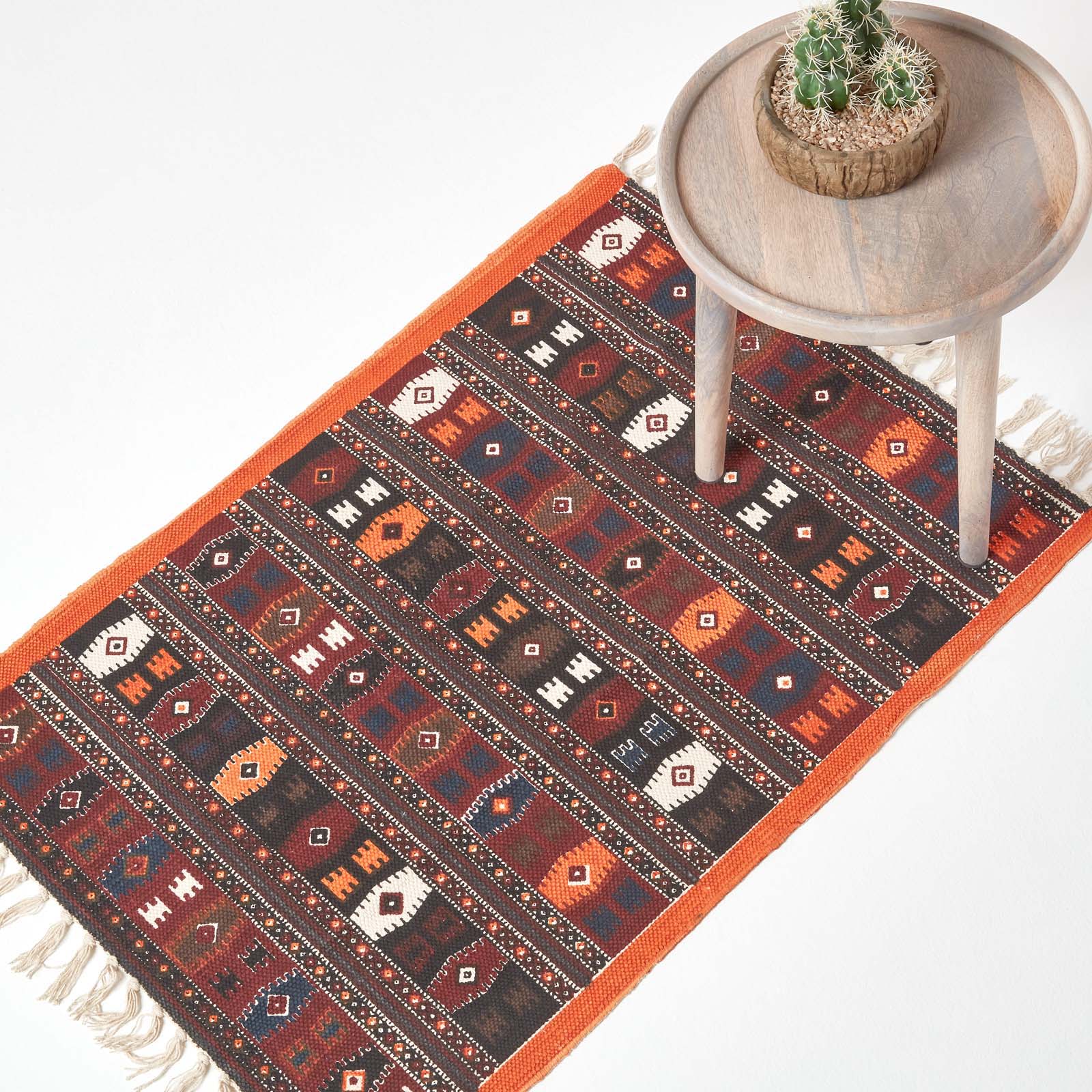 Terracotta, Black And Brown Cotton Kilim Rug | 60cm x 80cm | Terracotta
