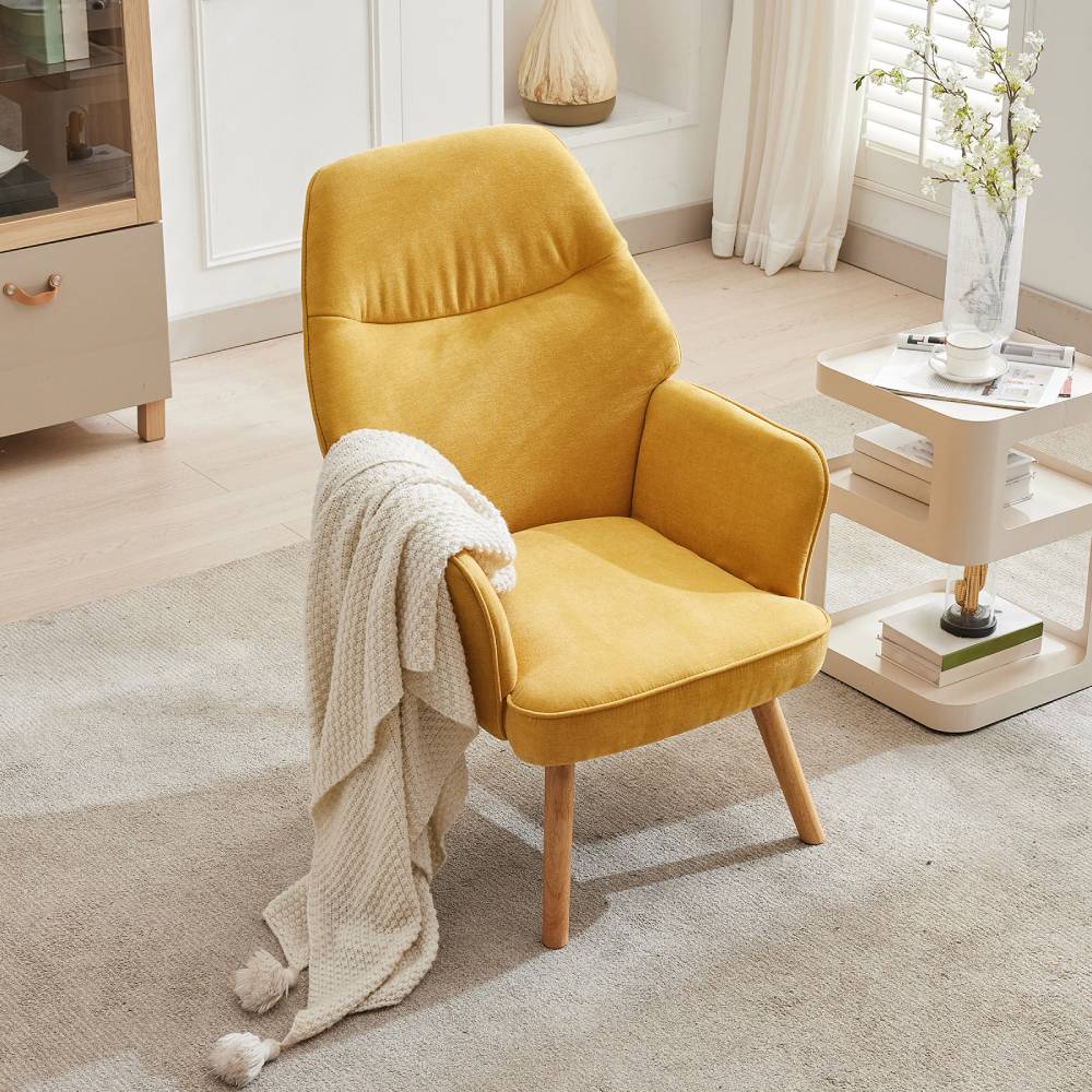 Upholstered Armchair With Solid Wood Legs, Soft Cushioned Seat | Mustard Yellow