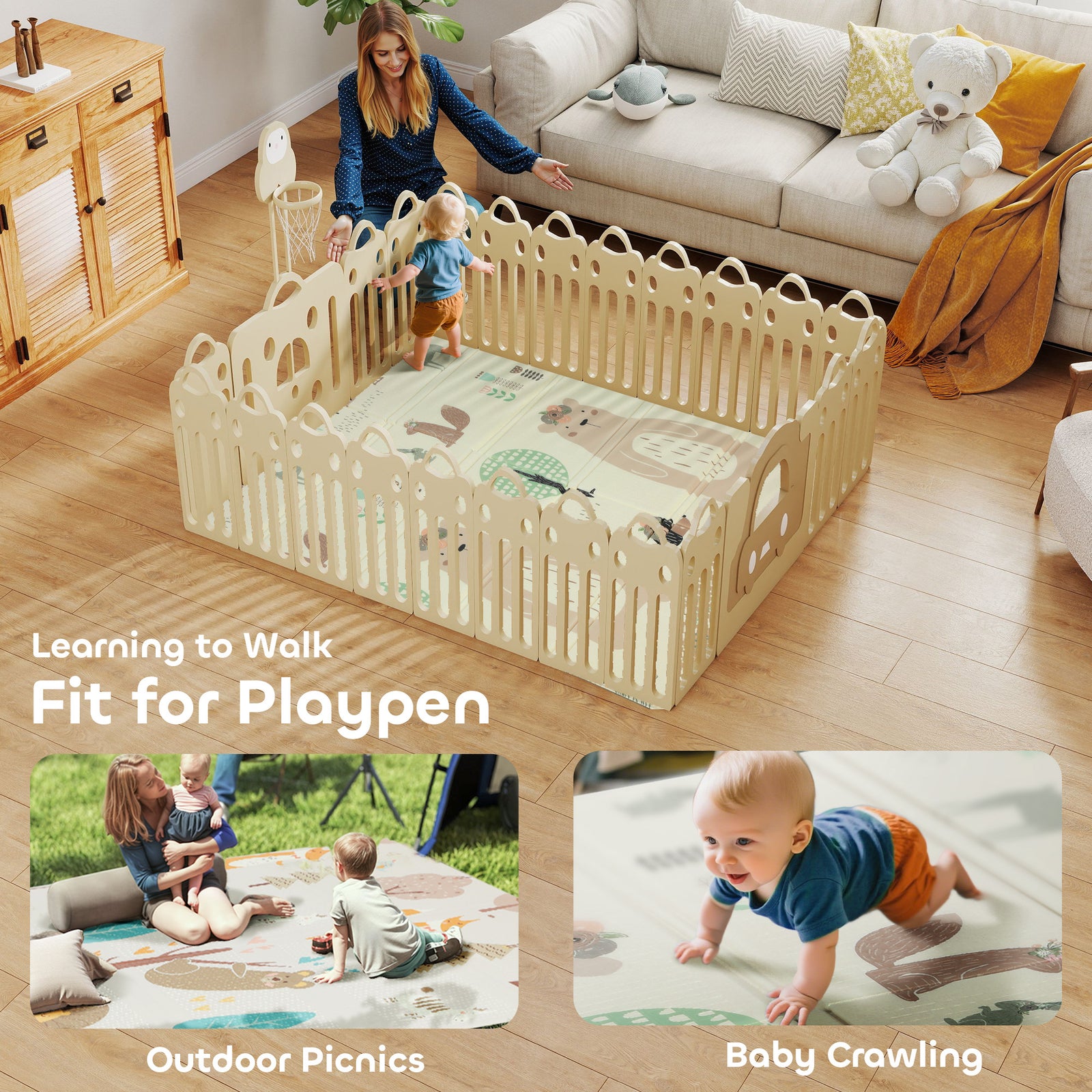 Baby Play Mat, Double Sided Crawling Mat, Animal Theme