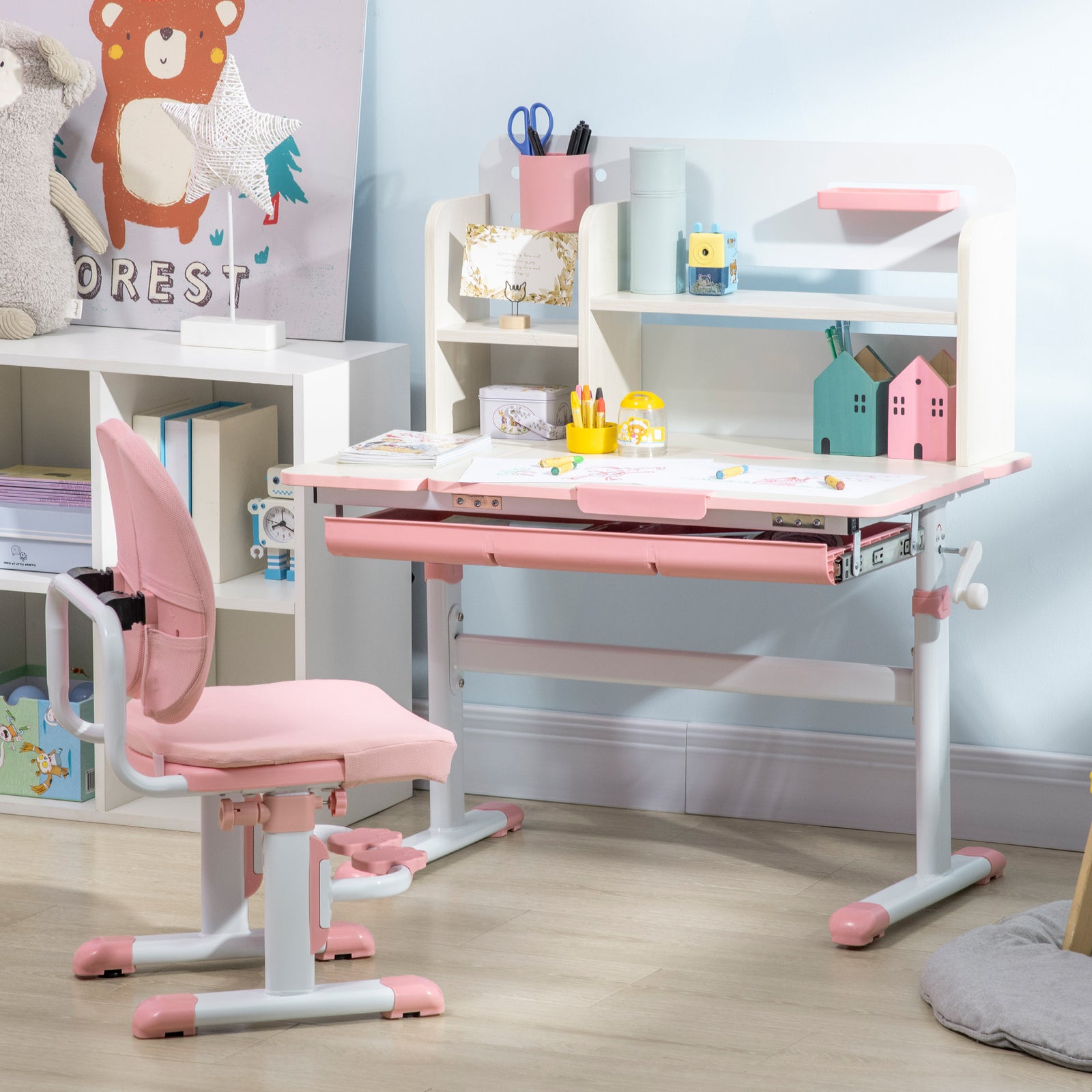 Kids Desk And Chair Set With Storage Shelves, Washable Cover | Pink