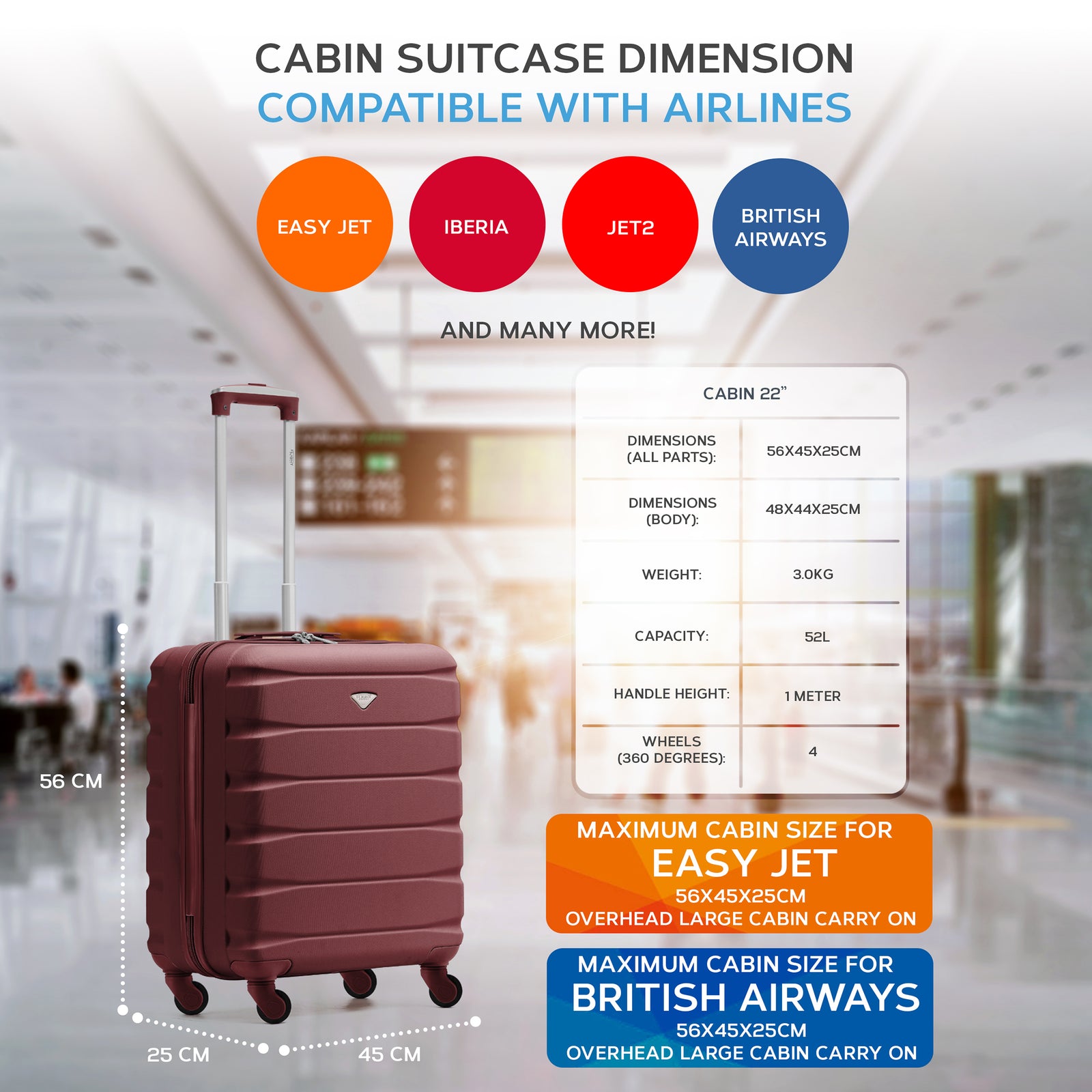 56x45x25cm Large Cabin Carry On Case - Overhead Luggage Suitcase - 4 Spinner Wheels - Abs Shell | 56 x 45 x 25cm | Burgundy