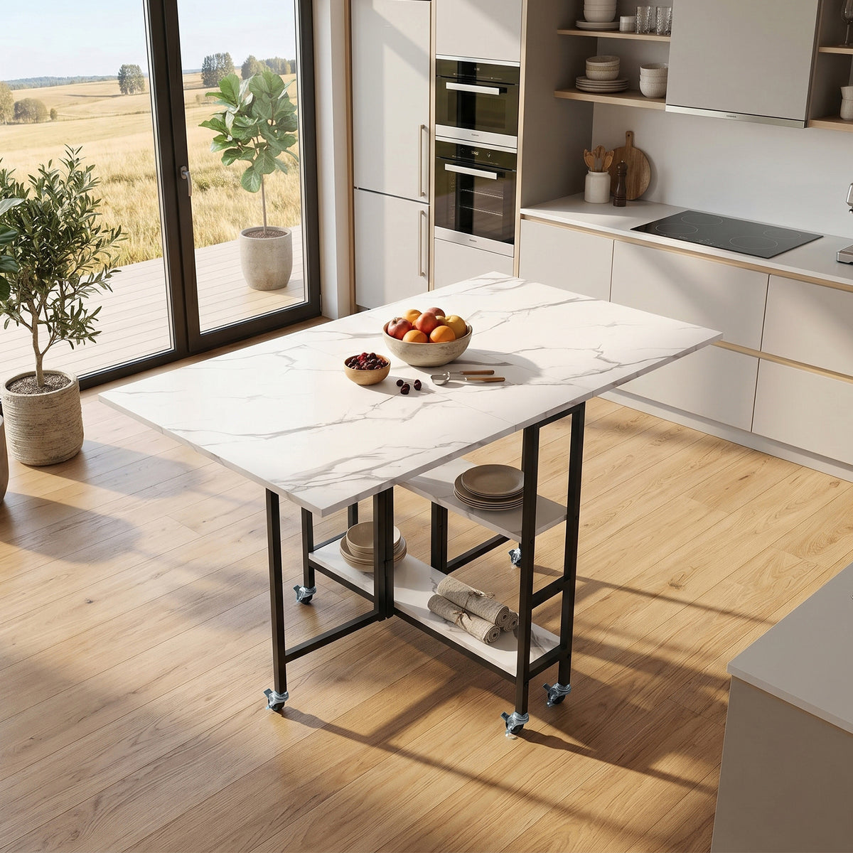 Breeins Folding Dining Table With Wheels And Storage Shelves