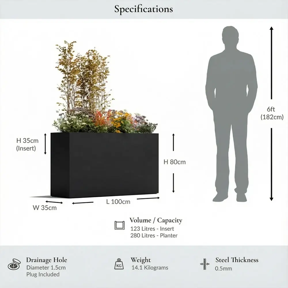 Long Zinc Galvanised Tall Trough Planter | 100cm x 35cm x 80cm | Matte Black