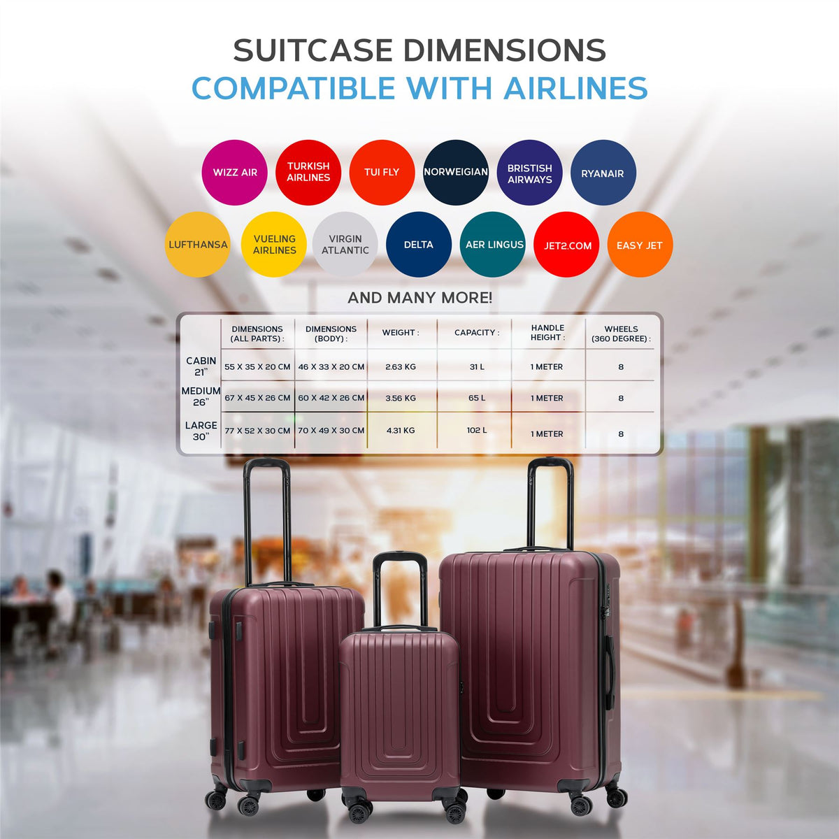 Set Of 3 Hard Shell Suitcases Overhead Carry On Cabin Bag & Check In 20kg+ Medium And Large Bag. | Set of 3 | Burgundy