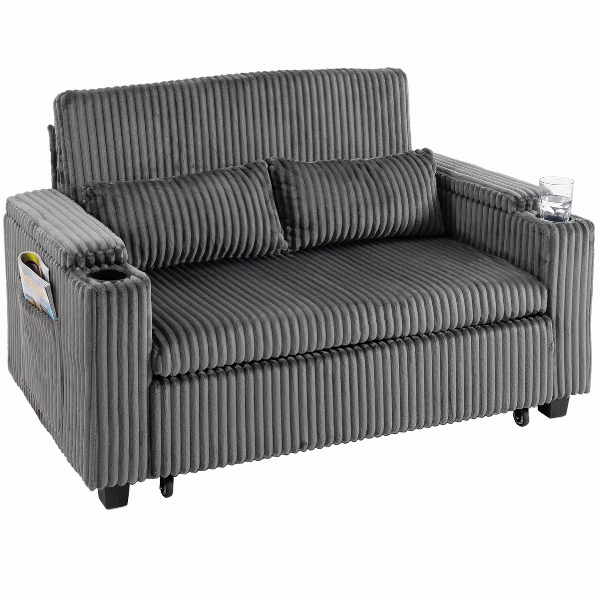 2 Seater Sofa Bed, 3-in-1 Corduroy Pull Out Sleeper Sofa | Dark Grey