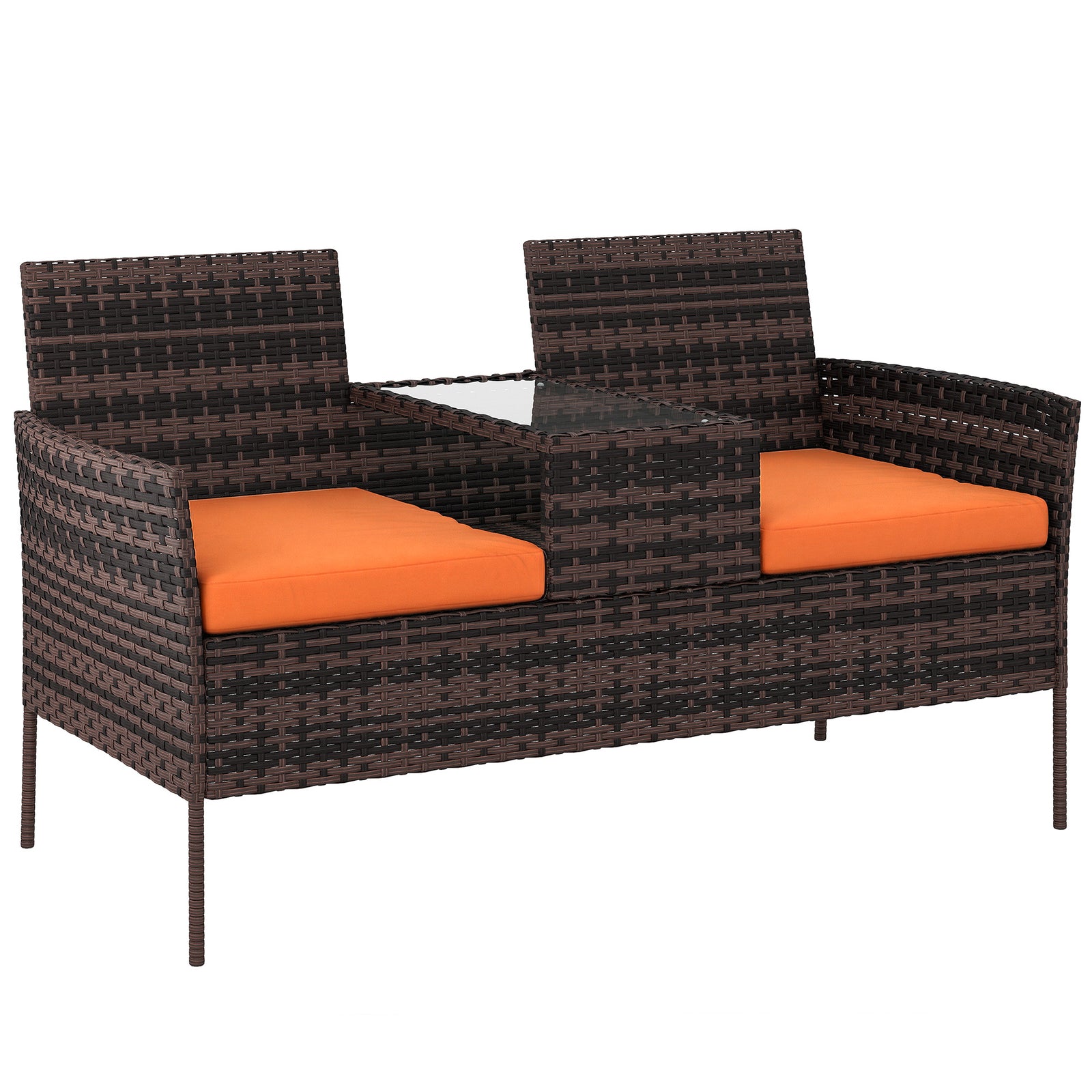 Rattan Garden Bench W/ Glass Tea Table, Wicker Chair W/ Cushions | Brown