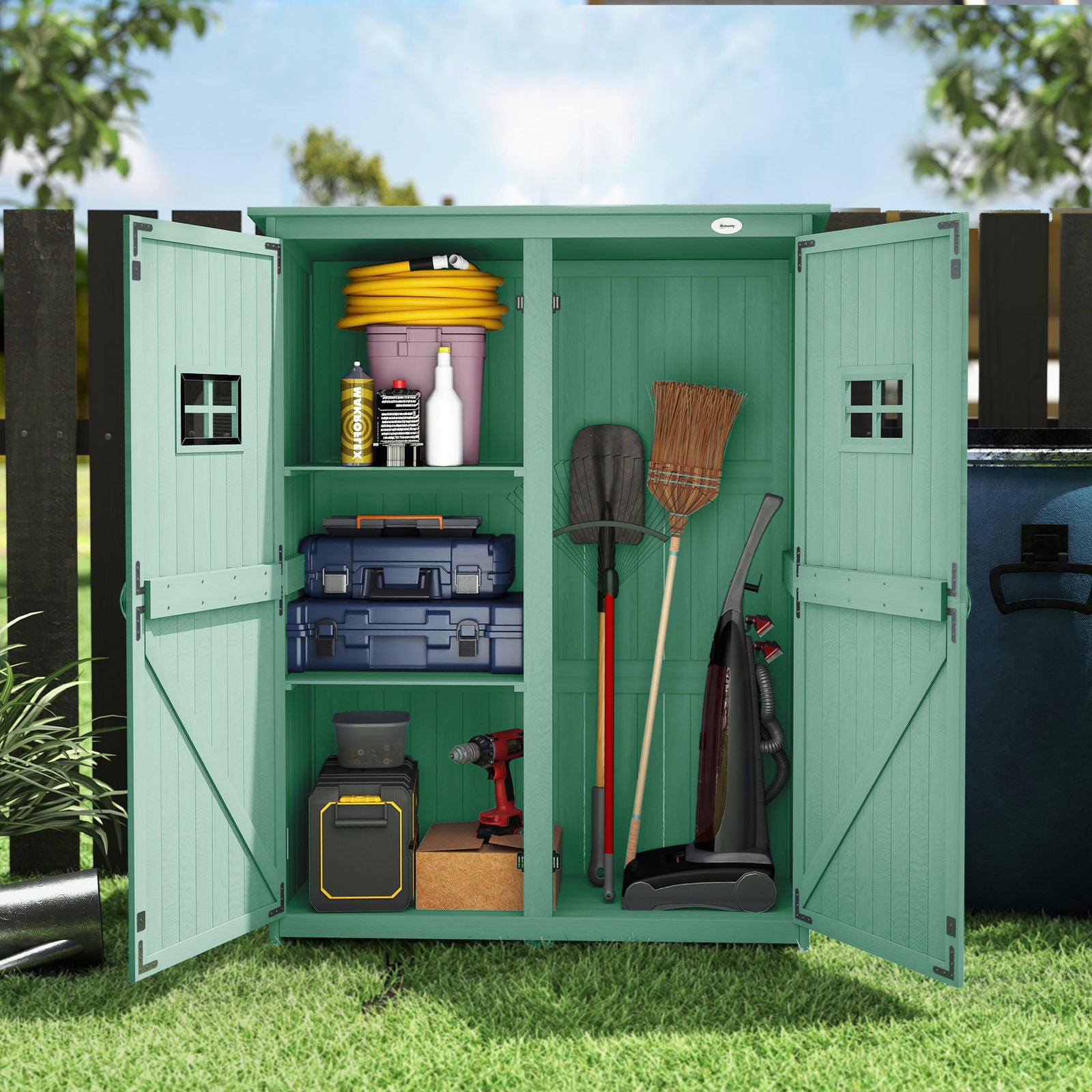 Wooden Garden Tool Storage Cabinet Double Door Shelf Green