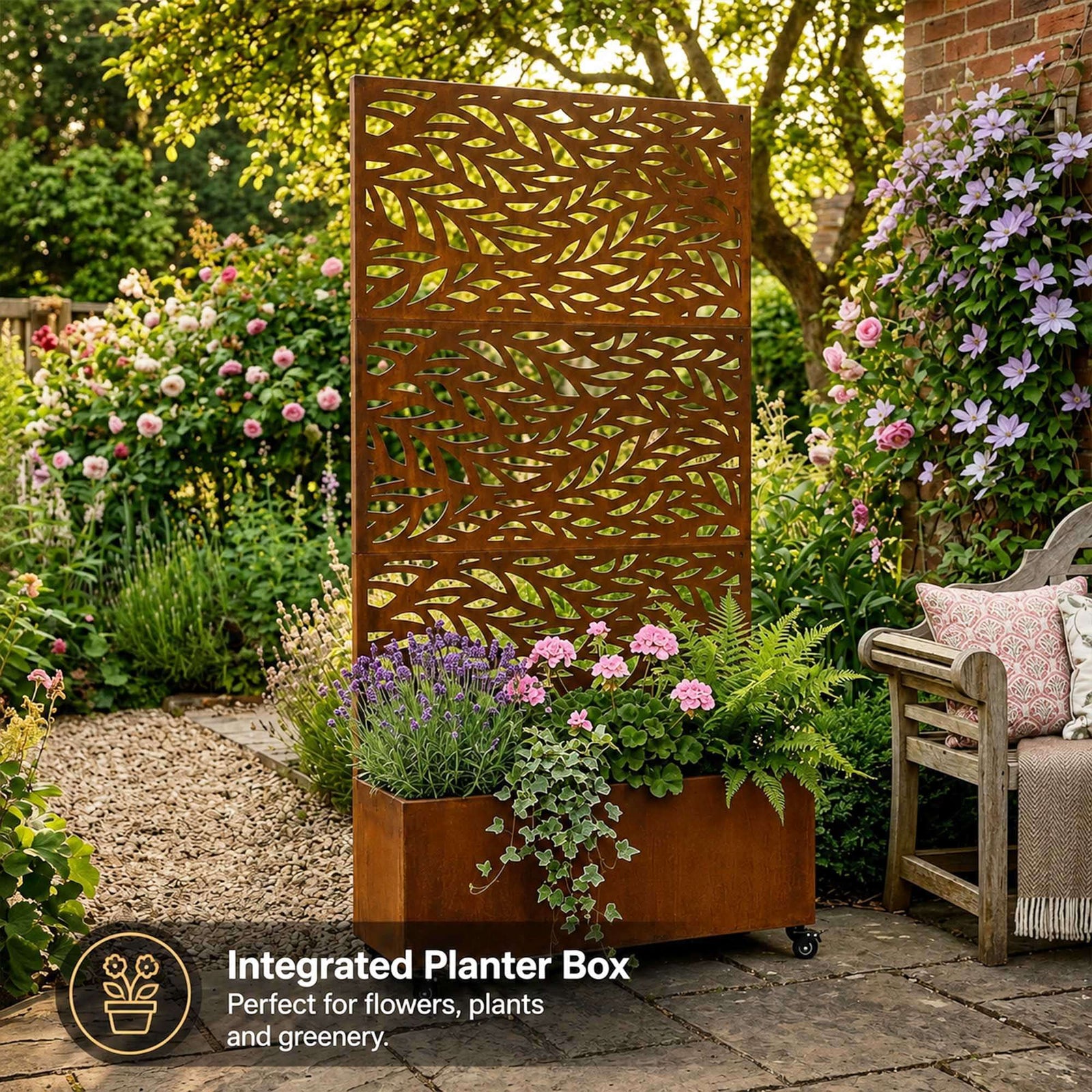 Metal Privacy Screen With Plant Pot - Leaf | Rust