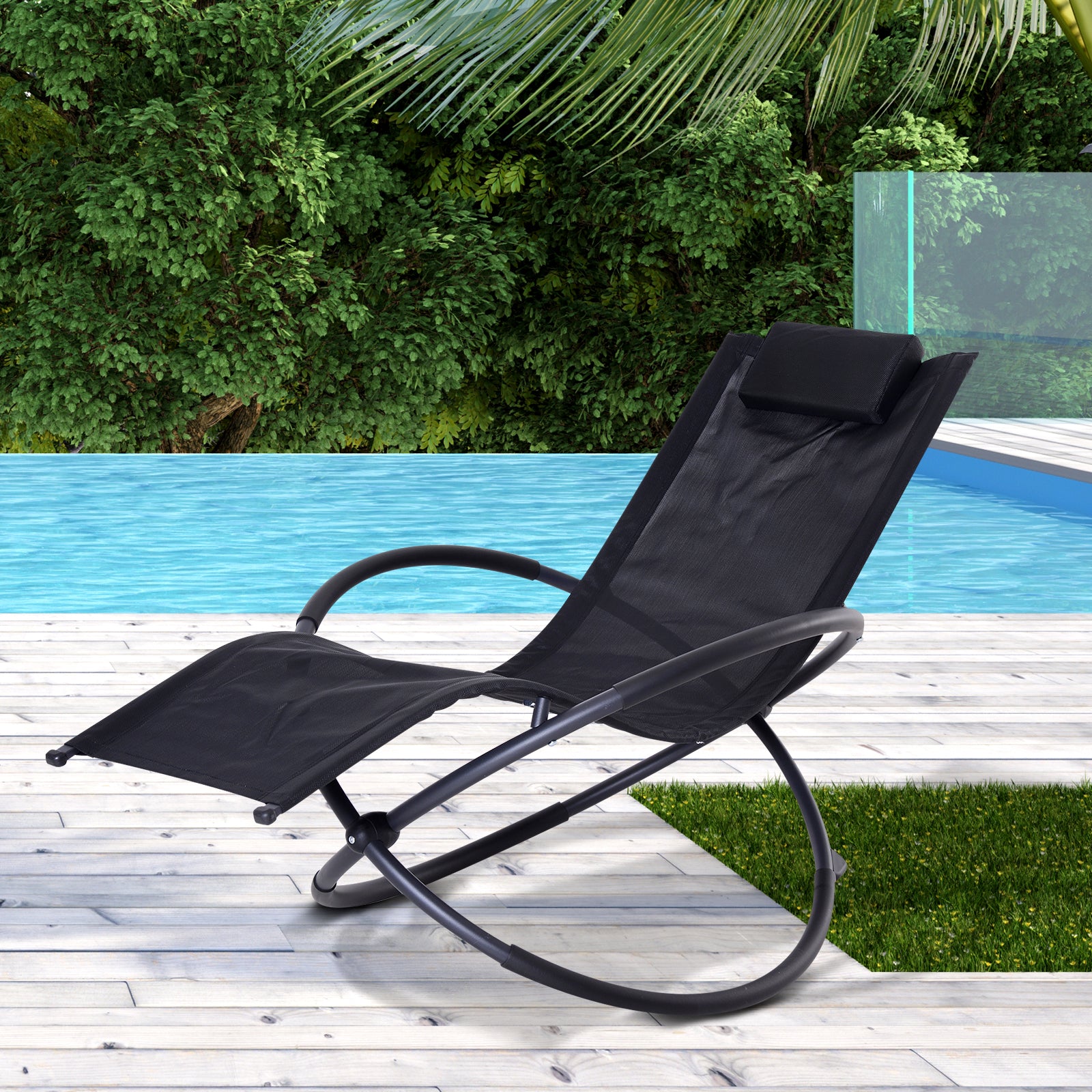 Outdoor Orbital Lounger Rock Chair With Pillow | Black