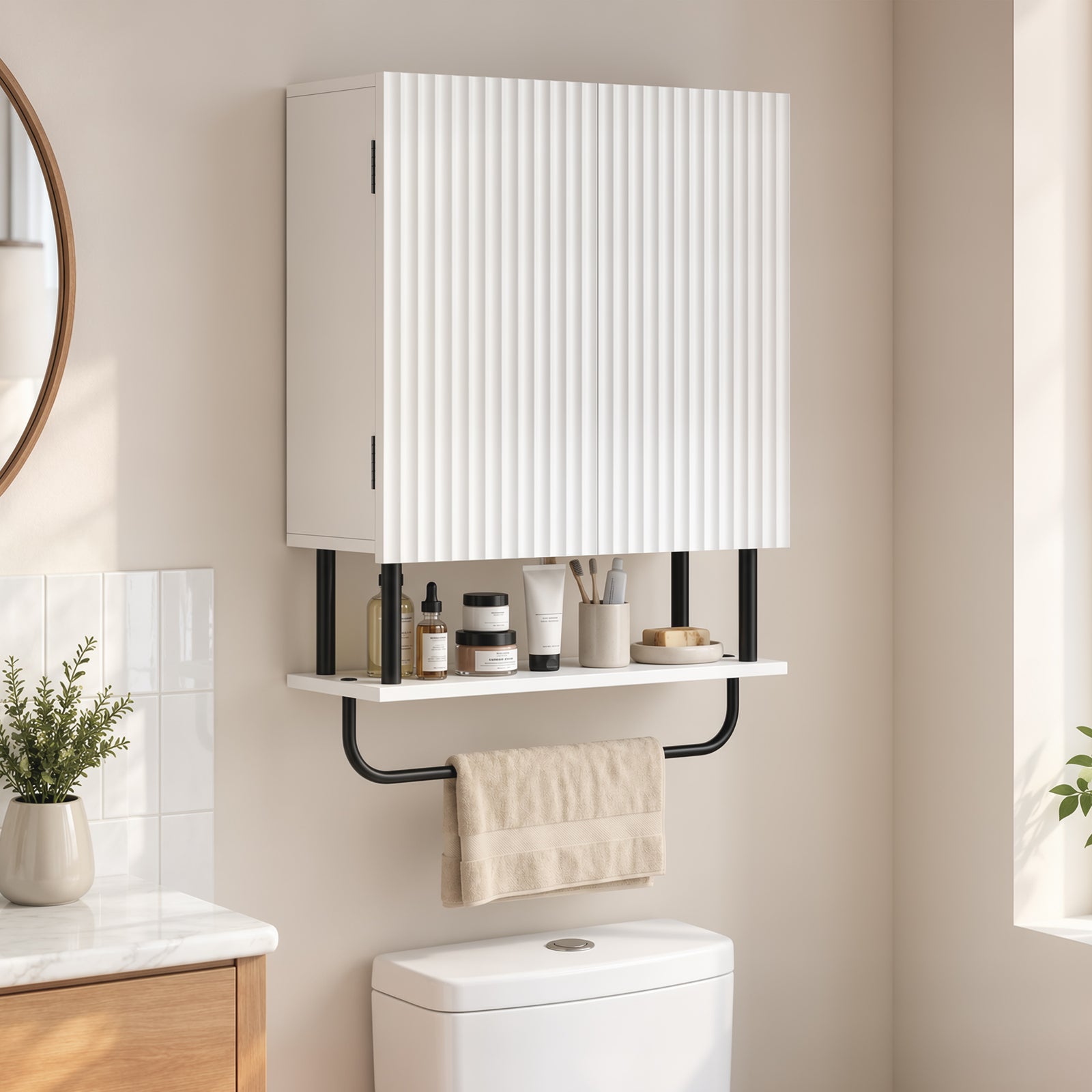 Modern Bathroom Wall Cabinet With 2 Wavy Doors | White