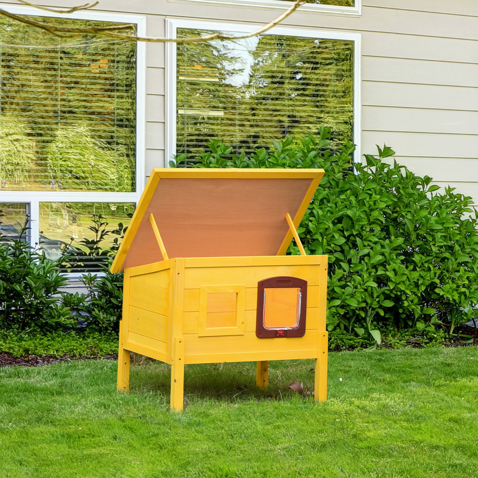 Pawhut Wooden Cat House Pet Home Outdoor Waterproof Door Roof Shelter Garden