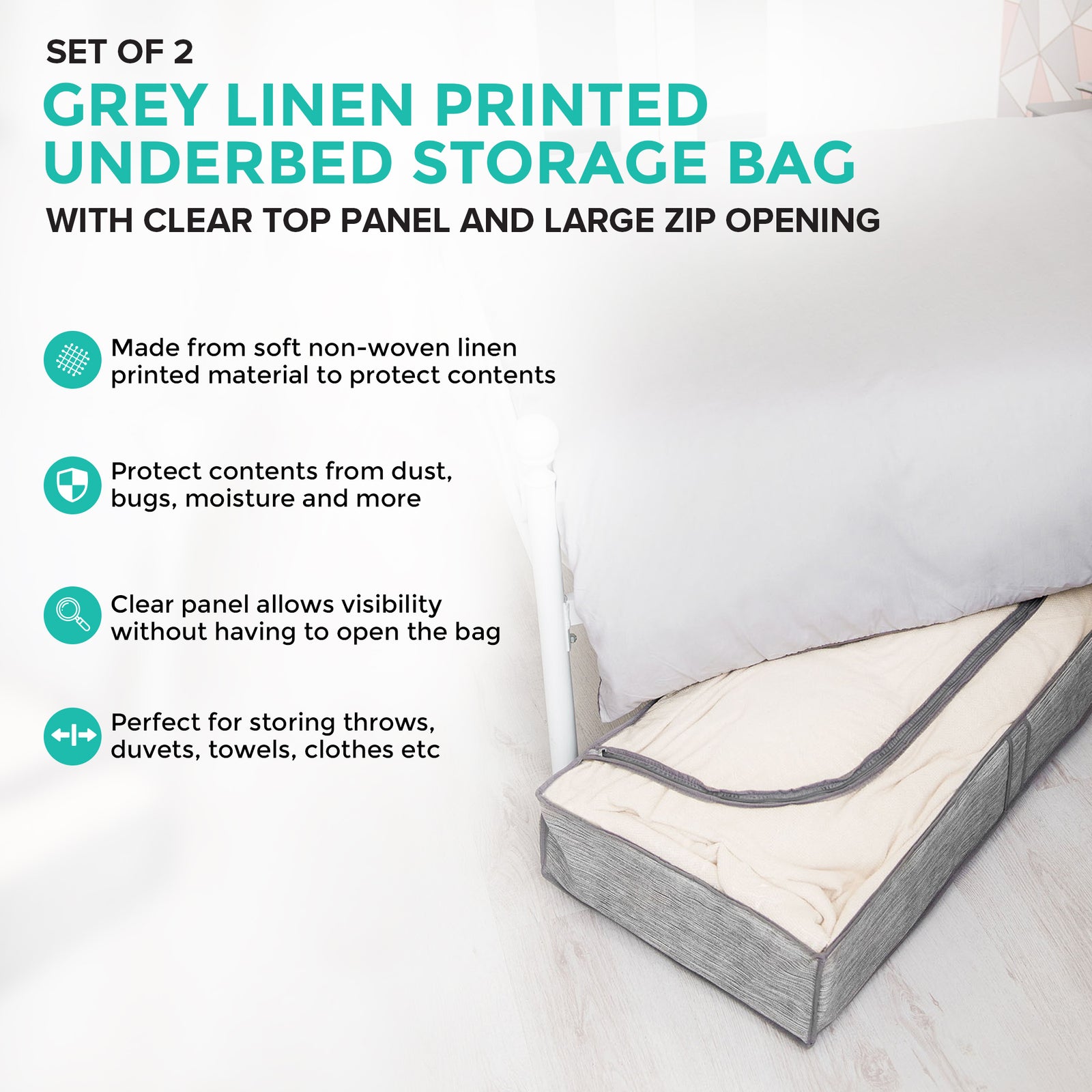 Set Of 2 Grey Linen Printed Underbed Storage Bag With Viewing Panel