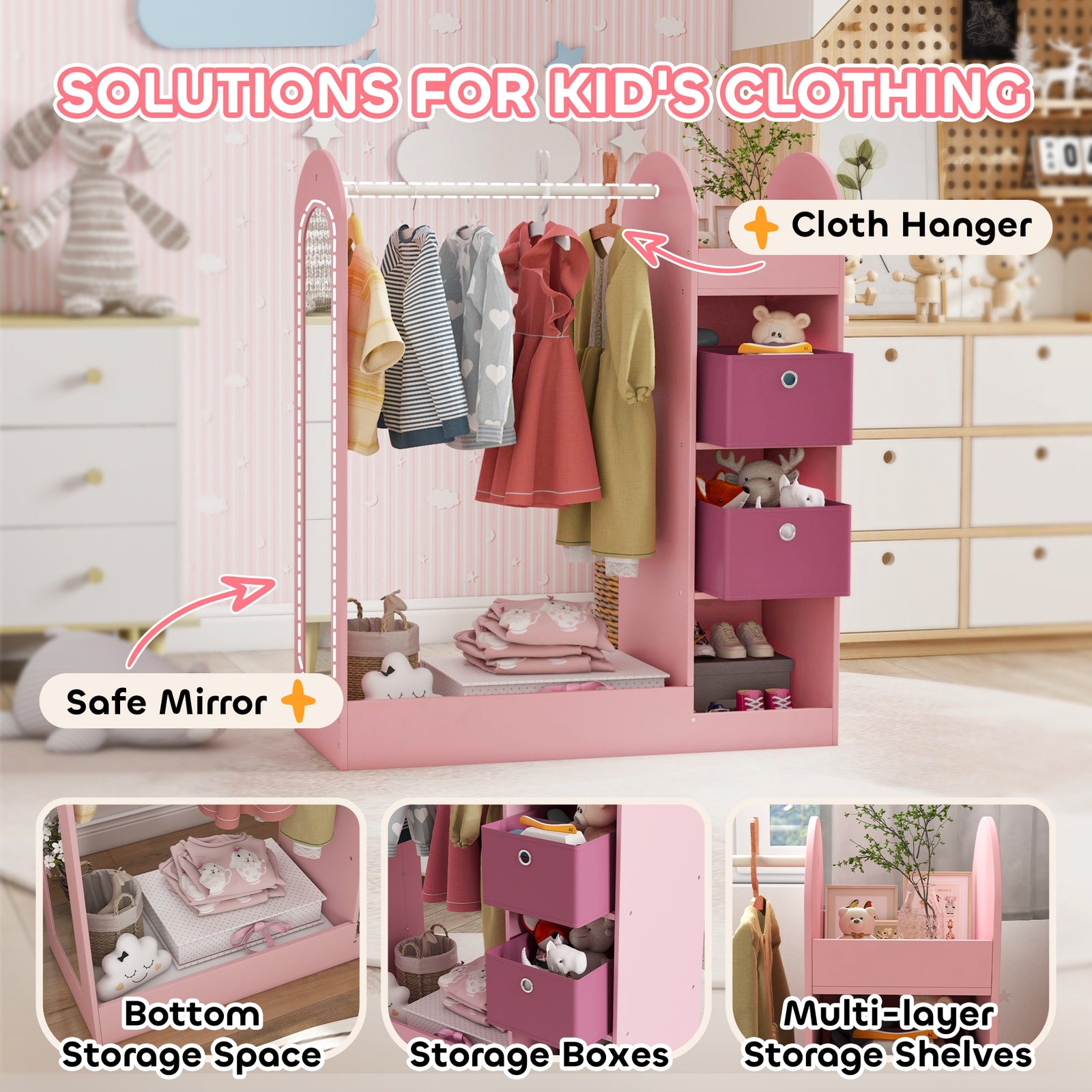 Kids Cloth Rail With Storage Shelf, Boxes, Mirror For Bedroom | Pink