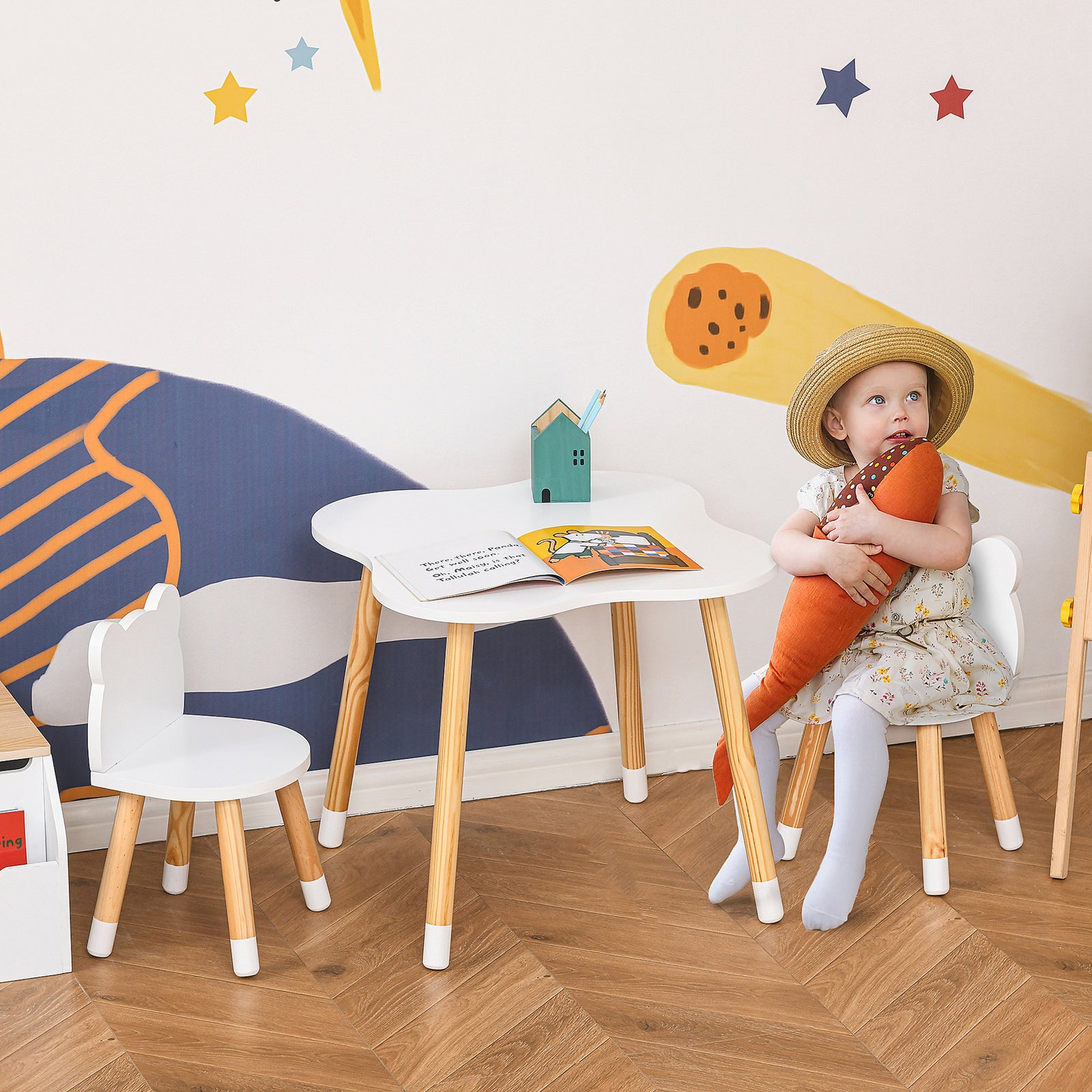 3 Piece Kids Table And Chair Set With 2 Bear-shaped Chairs, White
