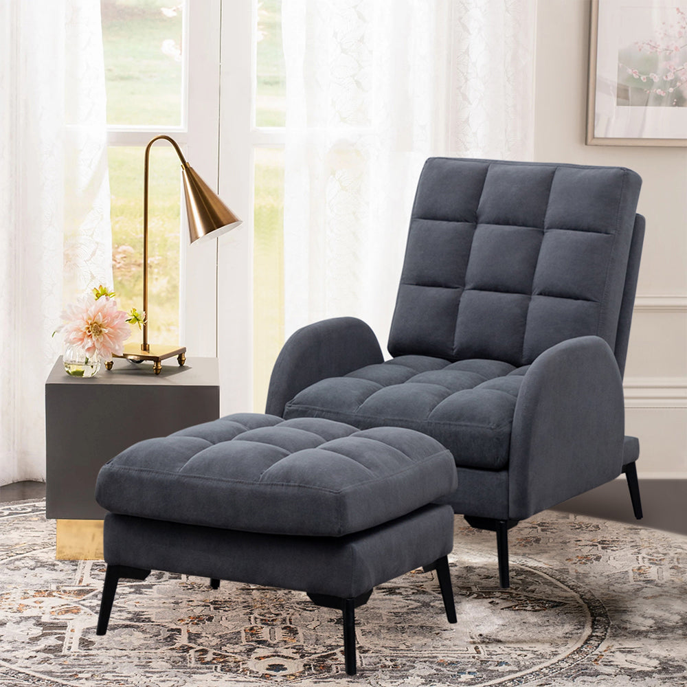 Frosted Velvet Armchair With Footstool Set– Adjustable 110°-180° Recline, Cozy Upholstered Chair With Metal Legs, Ergonomic Comfort | Grey