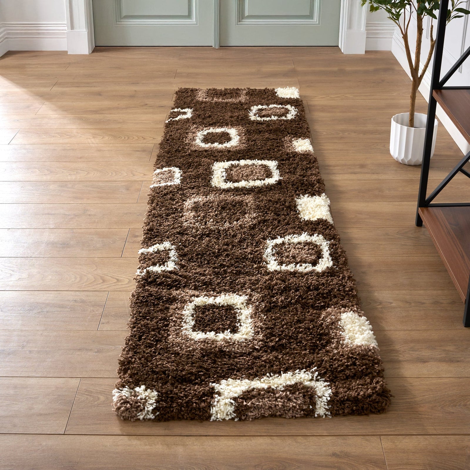 Geometric Thick Shaggy Fluffy Deep Pile Living Room Runner | 60cm x 230cm | Brown