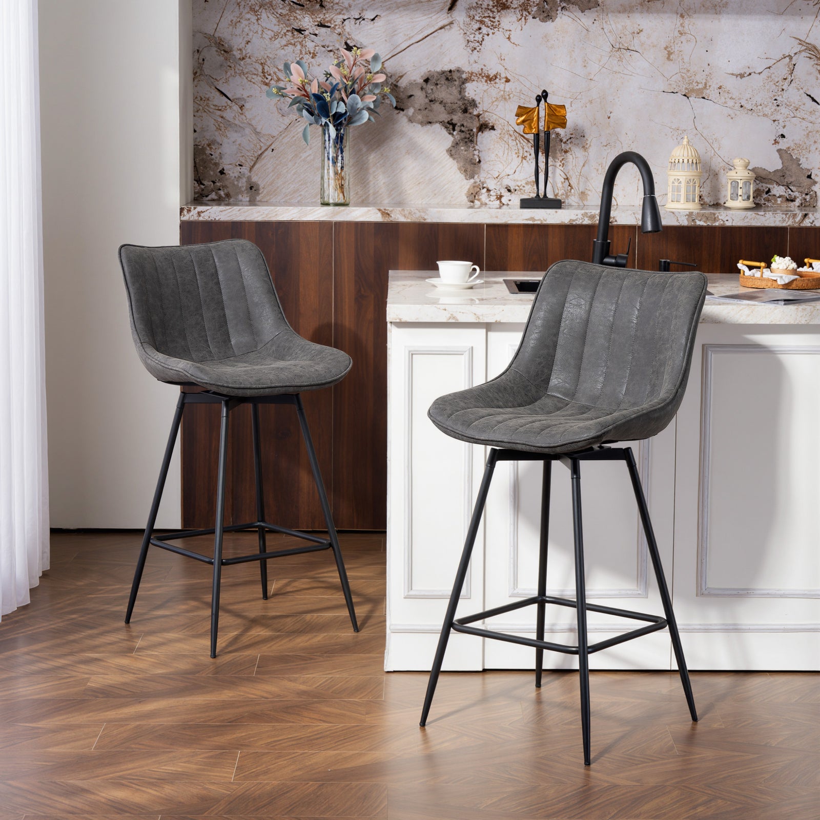 Swivel Bar Stools Set Of 2, Pu Leather Upholstered Bar Chairs | Grey