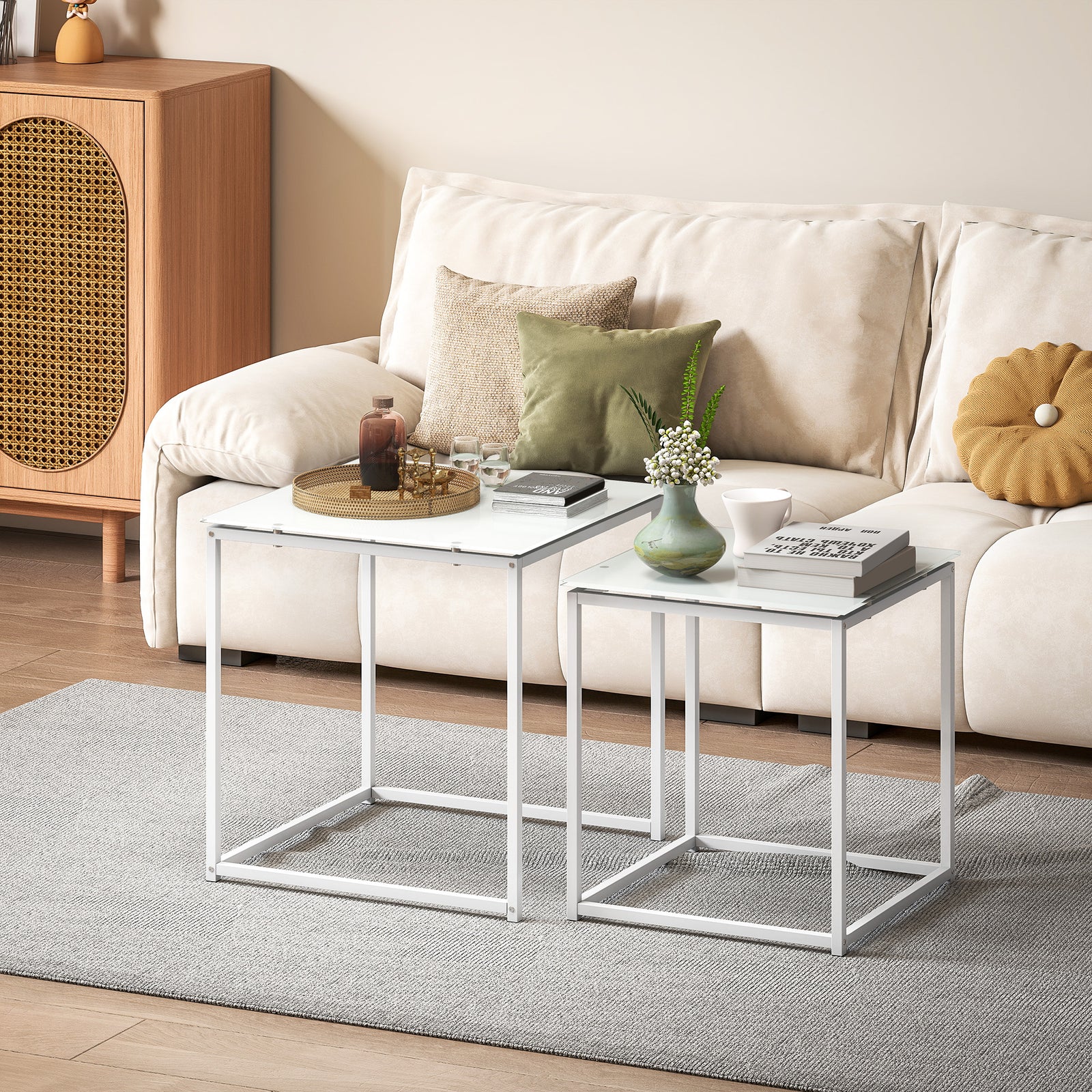 HOMCOM Nest Of 2 Side Tables Set Of Bedside Tables For Living Room White