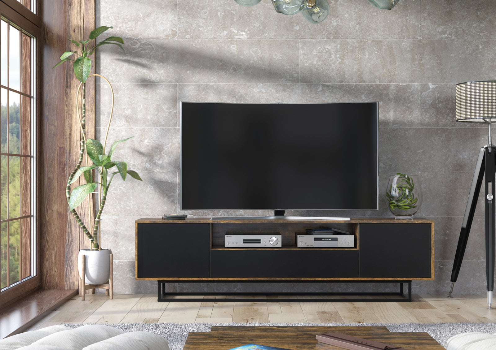 Rift Tv Unit 200cm - Oak / Rustic | Dark Brown