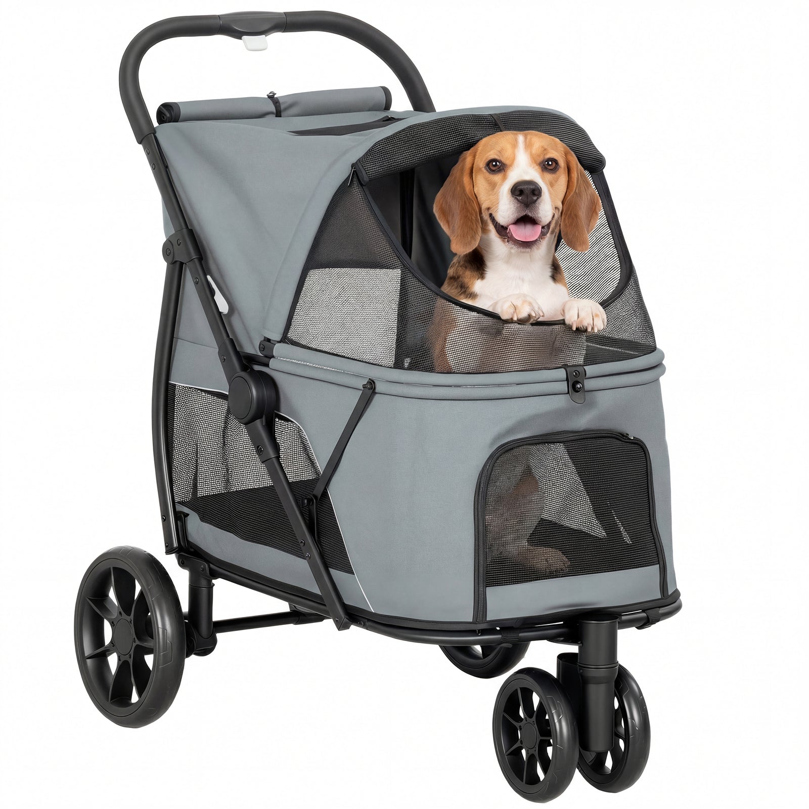 Dog Stroller, 3 Wheels Pet Stroller With Easy One-click Quick Fold | Grey