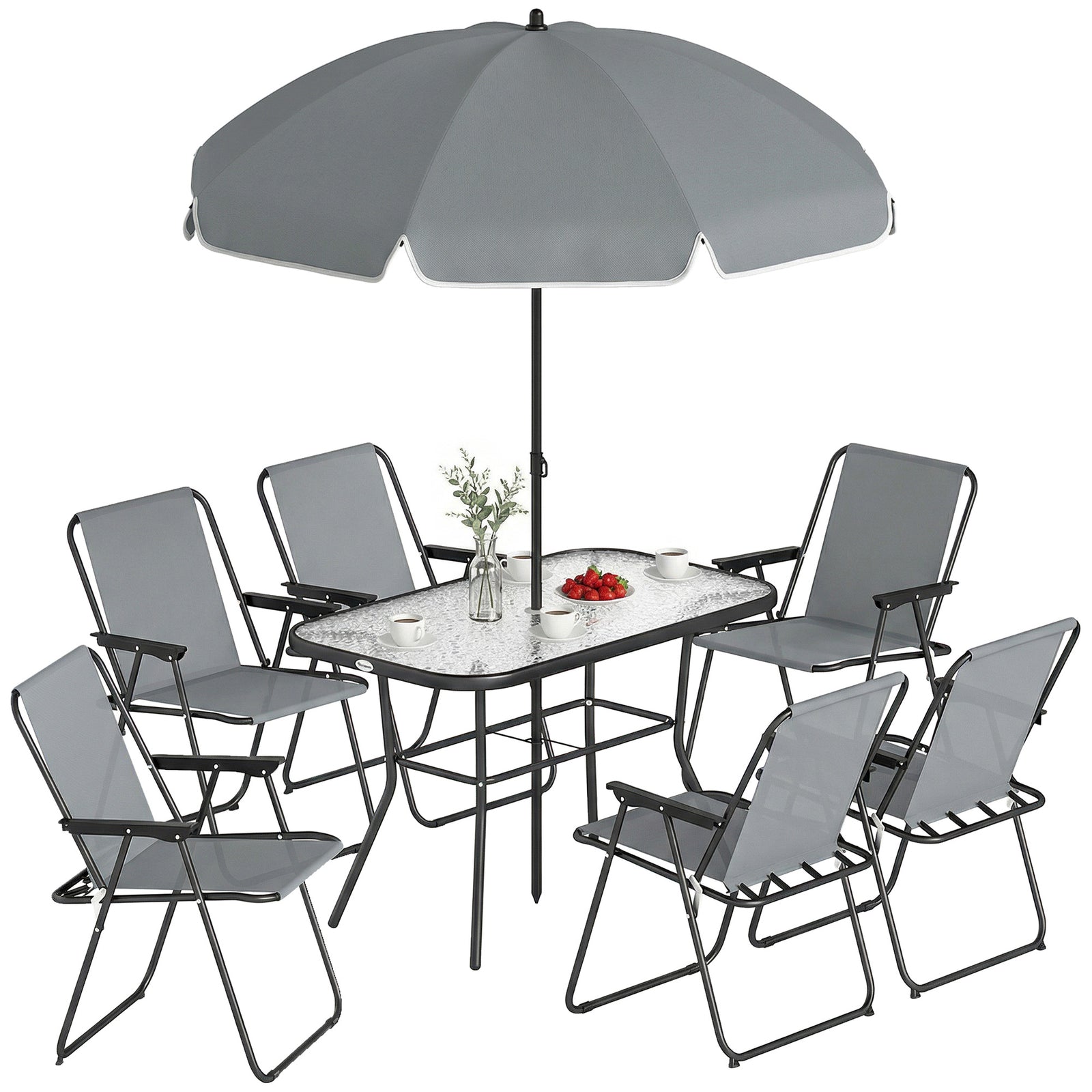 8 Piece Garden Dining Set With 6 Folding Chairs And Umbrella | Grey