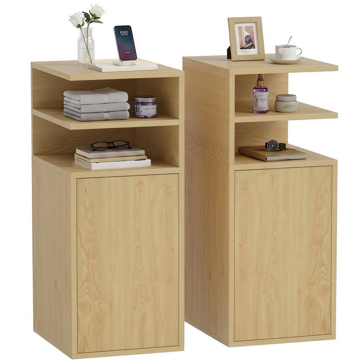 Slim Bedside Table Set Of 2 With Open Cubbies And Cupboard | Oak